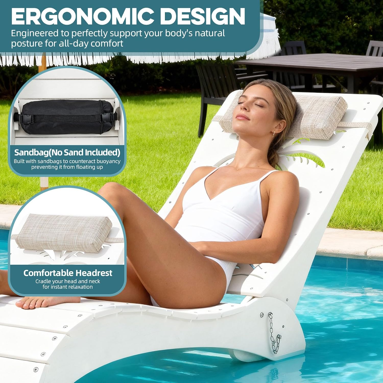 in Pool Lounge Chairs Set of 2, HDPE Pool Chaise Loungers for Sun Shelf up to 9 Inches, Fade-Resistant, 3-Position Adjustable Backrest with Headrest, Ergonomic Poolside Lounger, White