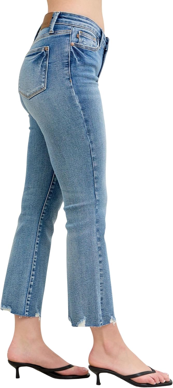 Judy Blue Mid Rise Vintage Wash Destroy Hem Kick Flare, Inseam 26" - Image 5