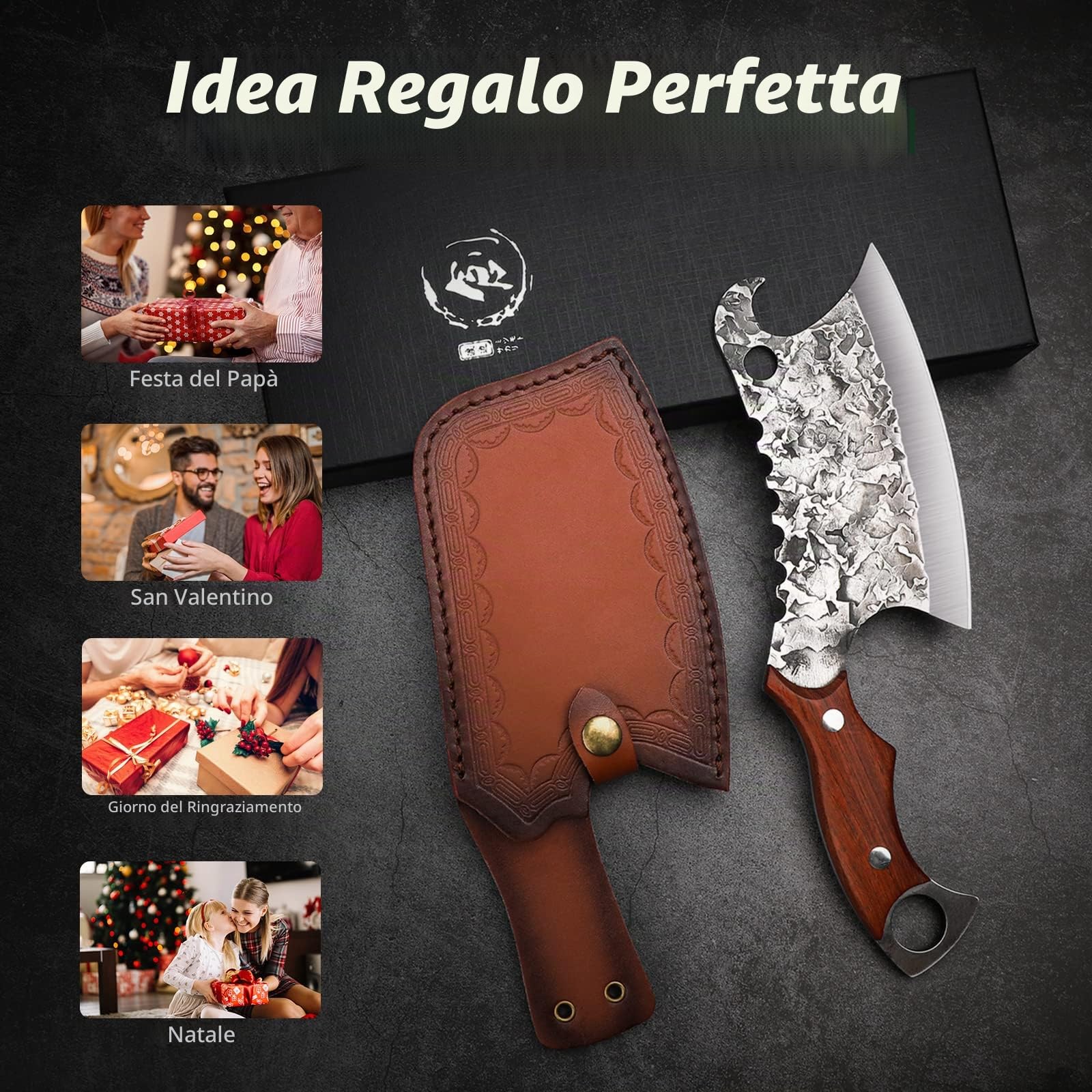 DRAGON RIOT Coltello da Cucina Cinese Forgiato a Mano, Fodero in Pelle