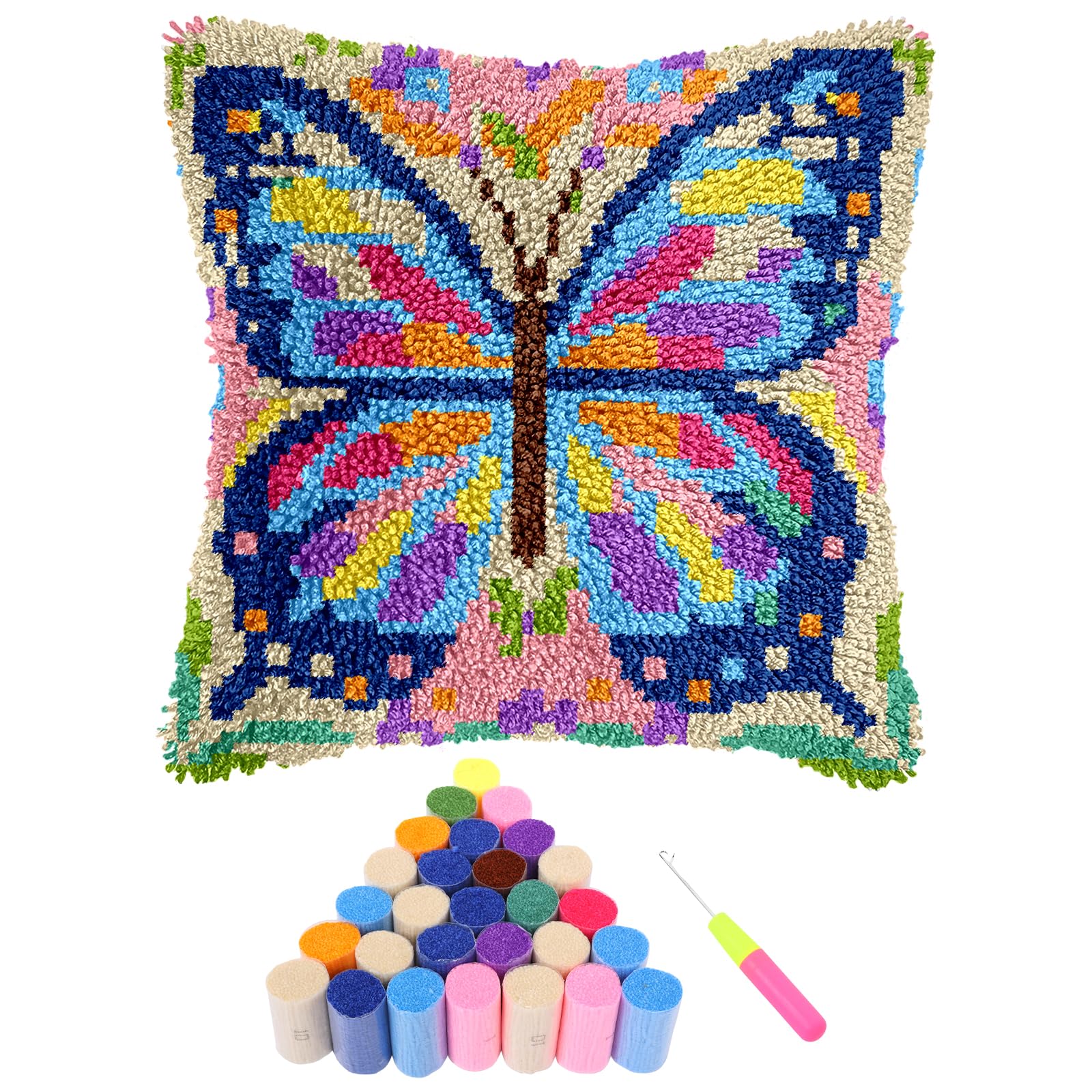 KTCINA Latch Hook Kits for Adults Beginners Sunflower Animal Latch Hook Cushion Kits Craft Rug Making Kit DIY Embroidery Cushion Pillowcase Rug Cover for Home Sofa Decor 43x43cm(Butterfly)