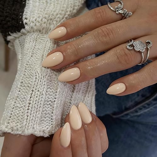 Beige Press on Nails Short Almond Shaped, SXVME Short Fake