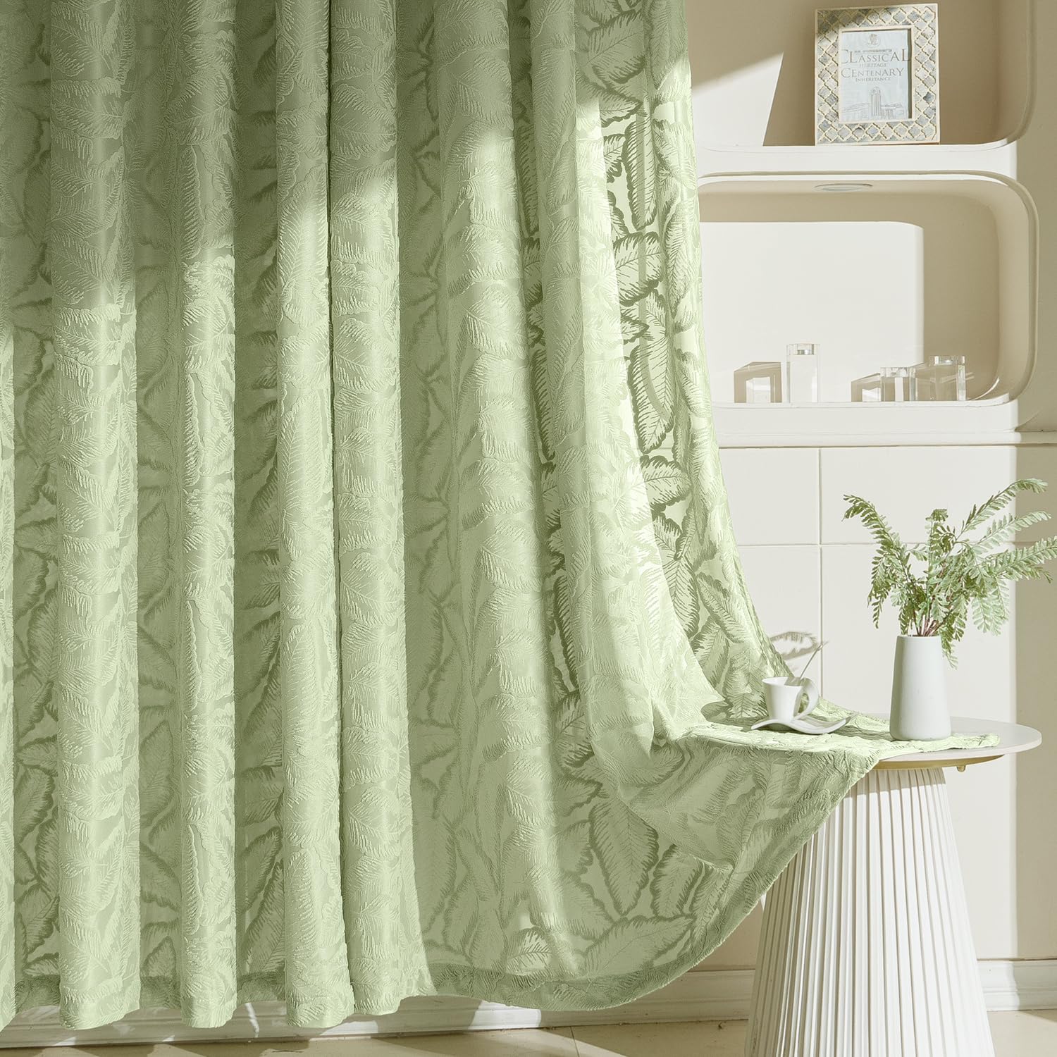 MIULEE Gardinen Voile Vorhang Vorhänge mit Blattmustern halbtransparent mit Ösen Curtains Schals für Wohnzimmer Schlafzimmer Kinderzimmer 2er Set 260×140cm (H×B) Grün