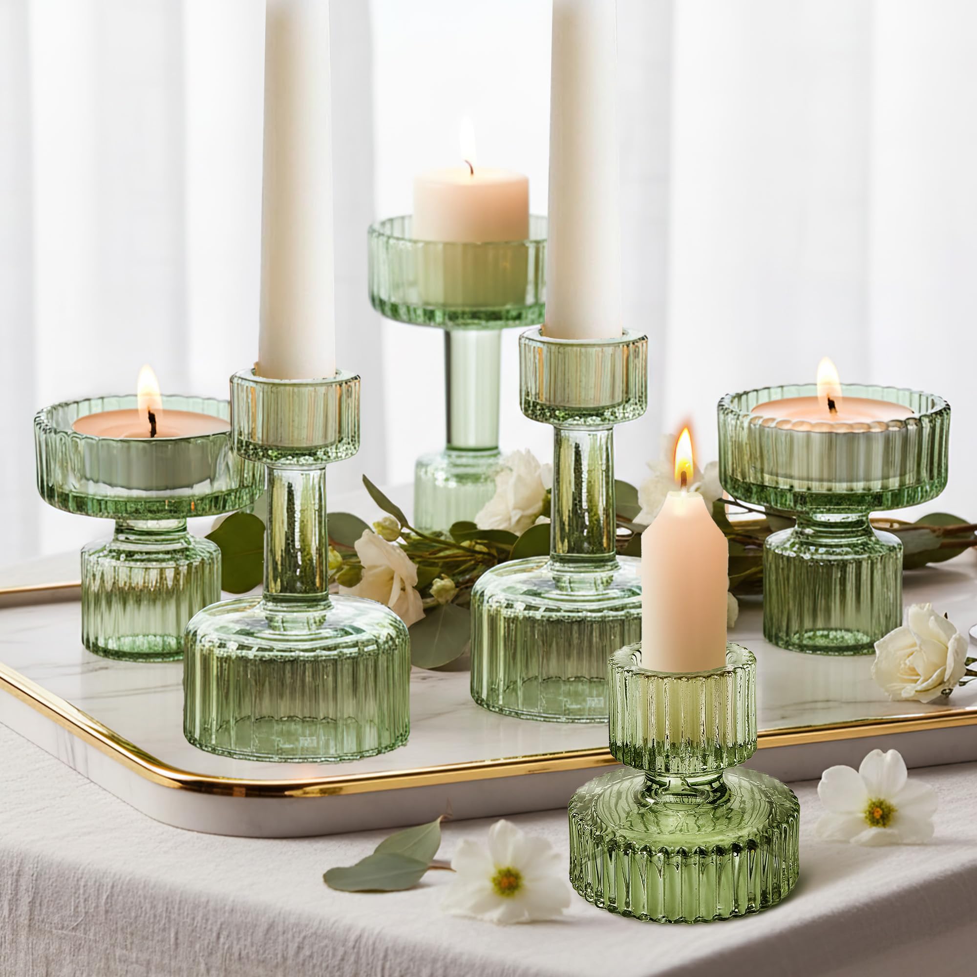 Joeyan Portavelas de Cristal Verde,Juego de 6 Portavelas Cónicos Acanalados para Velas de Té,Candelabro para Centros de Mesa, Bodas, Fiestas y Decoración del Hogar, Moderno Candle Holder, Idea Regalo