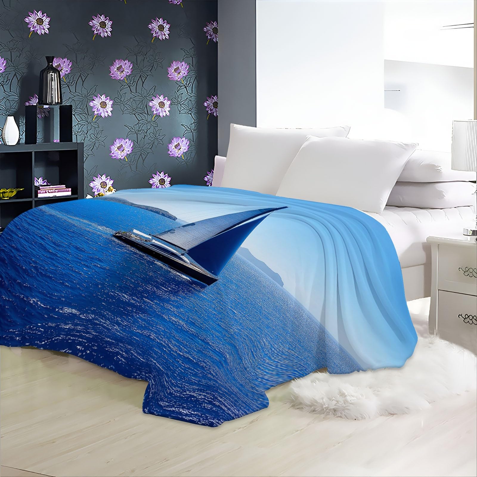 Koc do wtulania się, flanelowy, koc polarowy, 200 x 220 cm, nowoczesny design łodzi żaglowej, niebieski koc do mieszkania dla dzieci, chłopców, dziewczynek, do domu, salonu, dekoracja na kanapę