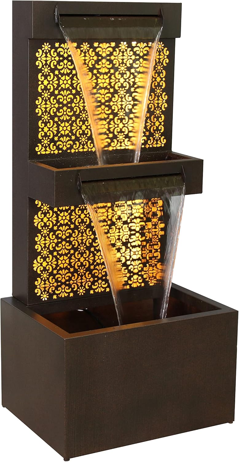 Hi-Line Gift Ltd. Zinc Metal Double-Deck Hollowing Waterfall Fountain with LEDs, Bronze, Large
