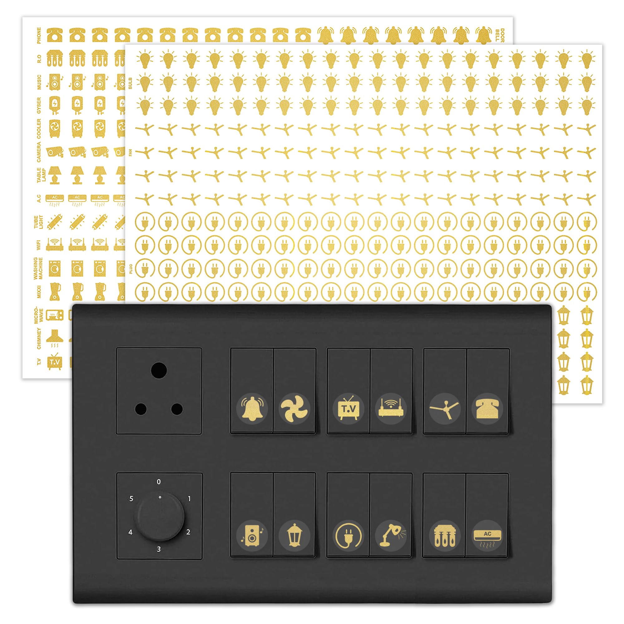 GLUN® Royal Gold 600 Vinyl Switchboard Stickers | 60+ Luxury Embossed Finish Icons for Fan, Light, AC & Home Switch Buttons — Amazon image 12