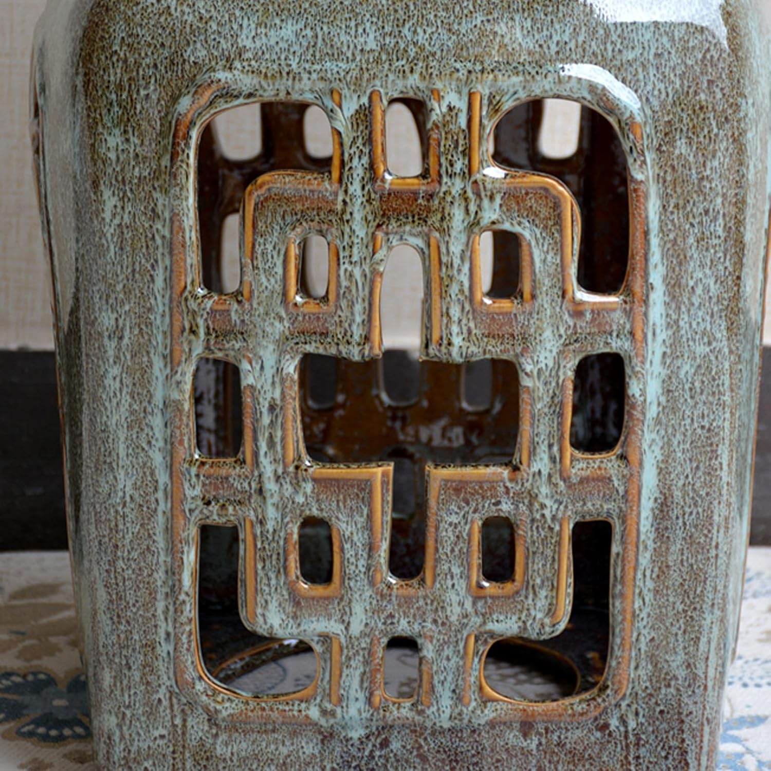 Decorative Garden Stool, Ceramic Stool, Glazed Hollow Drum Stool, Side Table, Shoe Changing Bench for Living Room, Terrace, Garden(Green)