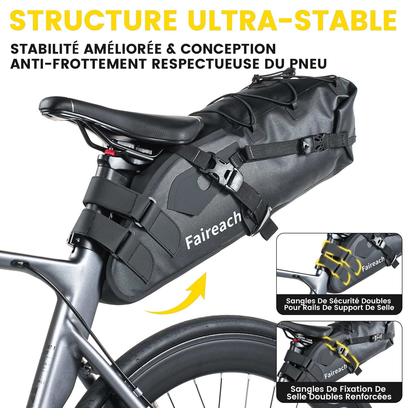 Sacoche de Selle Vélo Étanche 10L Grand Capacité, Sacoche Velo Arrière Universelle pour VTT Route avec Bande Réfléchissante, Support de Charge Lourd 5kg pour Cyclisme, Poche Imperméable Noir