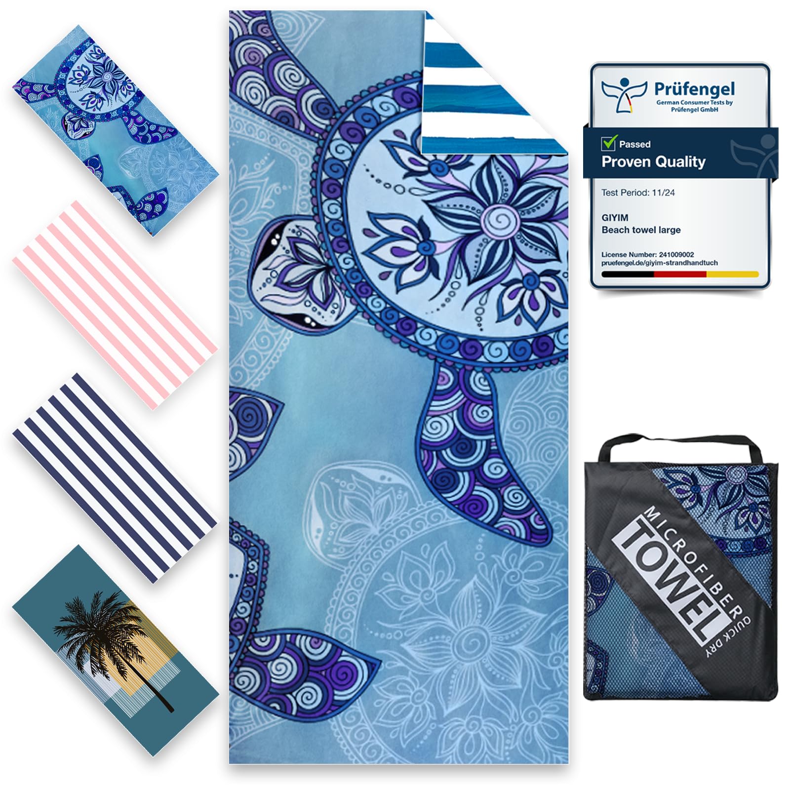 Giyim Beach Towels - 1 Pack 200x90cm Lightweight Microfibre Beach Towel with Mesh Bags, Double Sided Sand Free Absorbent Quick Dry Microfibre Towel for Pool, Gym, Camping & Travel