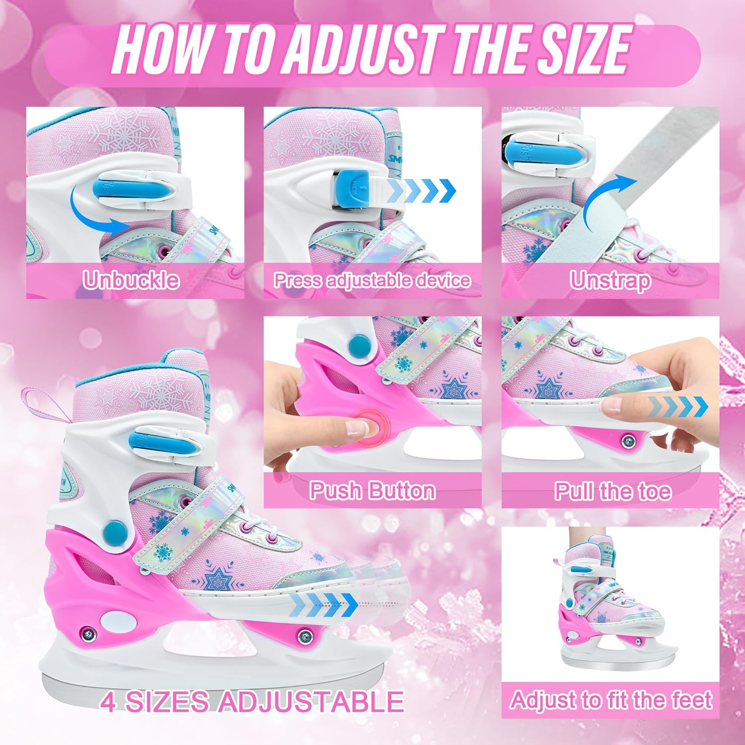 Adjustable Ice Skates for Kids, Girls Ice Skating Shoes for Beginner Ages 4-12, Boys Snowflake Iceskates for Outdoor and Rank