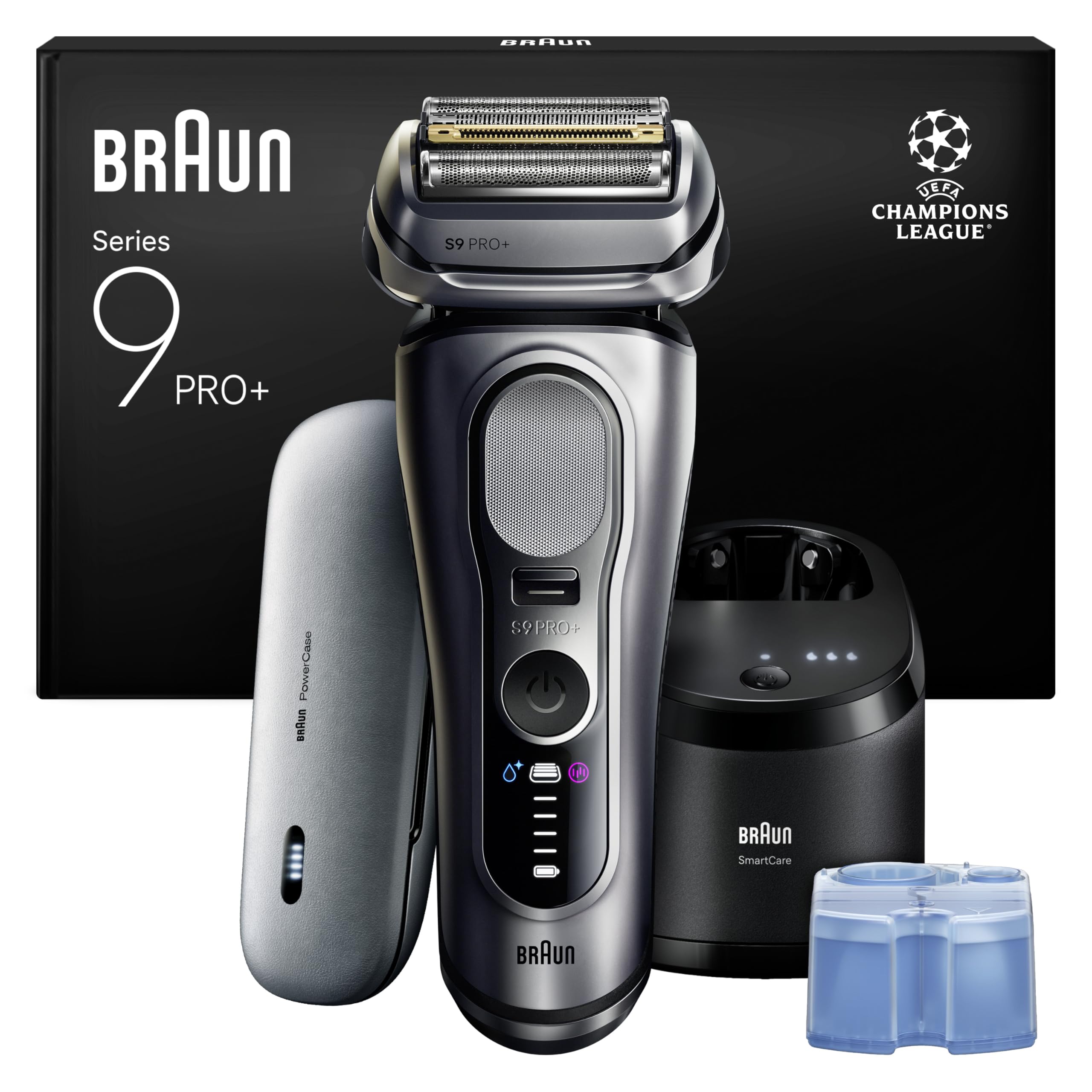Braun Afeitadora Eléctrica Hombre Series 9 PRO+, Máquina De Afeitar Barba En Seco Y En Mojado Con Tecnología 5+1, Inalámbrica, 60 Min De Uso, Centro De Limpieza, Estuche De Carga, 9677CCE, Plata