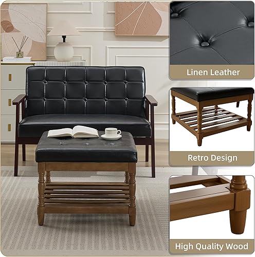 Miniatura 4 de UEV Juego de 2 mesas de centro otomanas de cuero, tapizada cuadrada, reposapiés otomana, mesa de centro con estante de madera y patas de columna