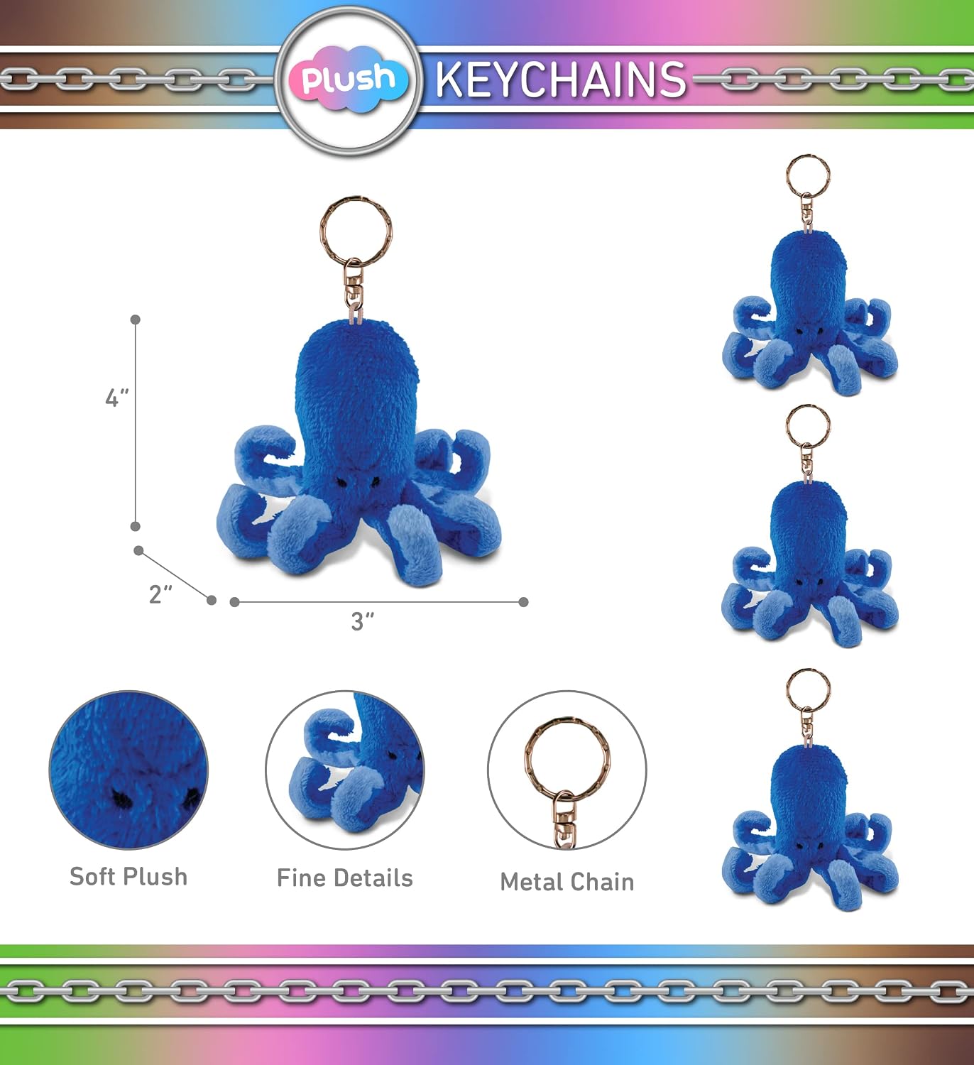 Puzzled Octopus Plush Keychain Stuffed Animal Toy - Soft Plush Ocean Life Animal Blue Octopus Charm Keyring, Decorative Plush Toy Accessory Fun Buddy - 4 Inches
