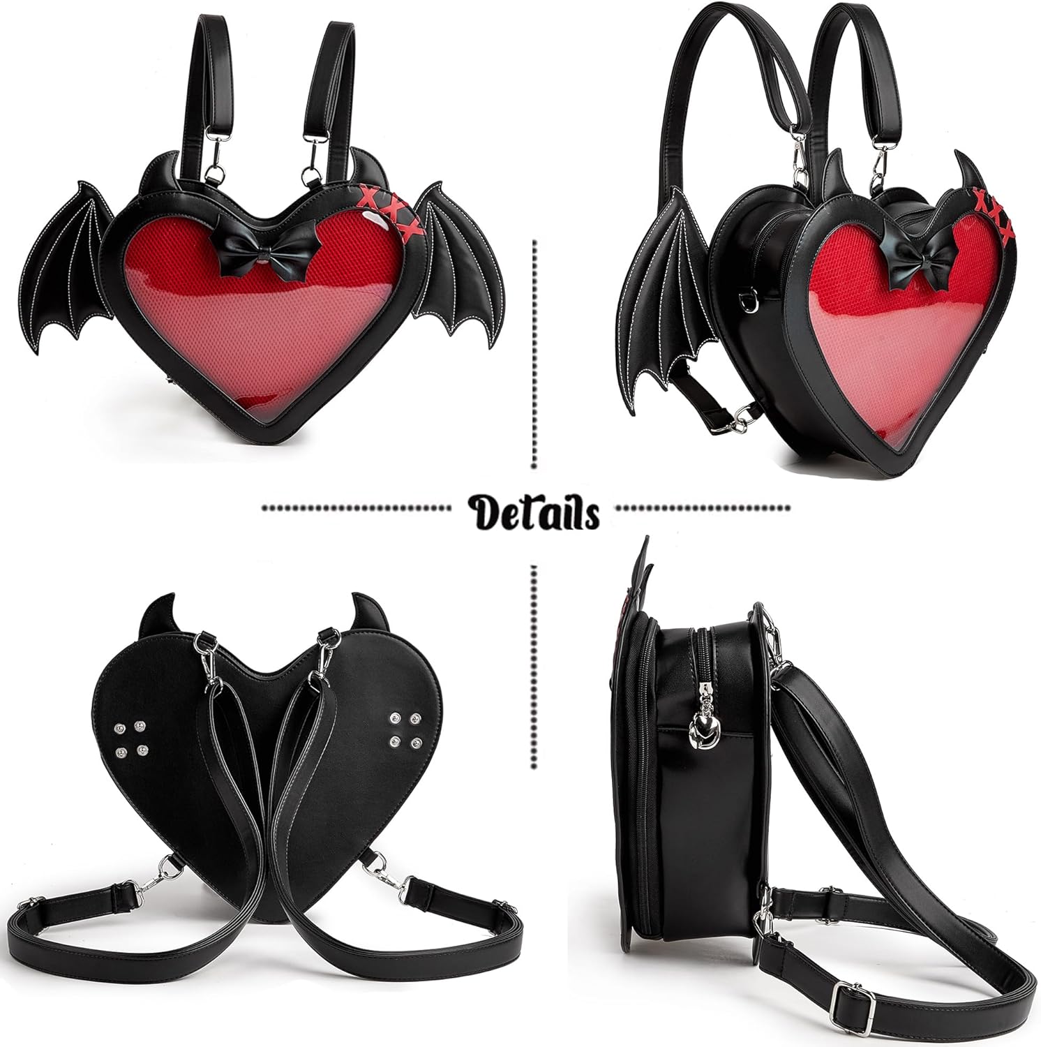 Gothic Ita Bag Backpack with Bat Wings Kawaii Heart Shaped Pin Display Bag Adjustable Crossbody Shoulder Purse for Cosplay and Concert, Black - Image 8