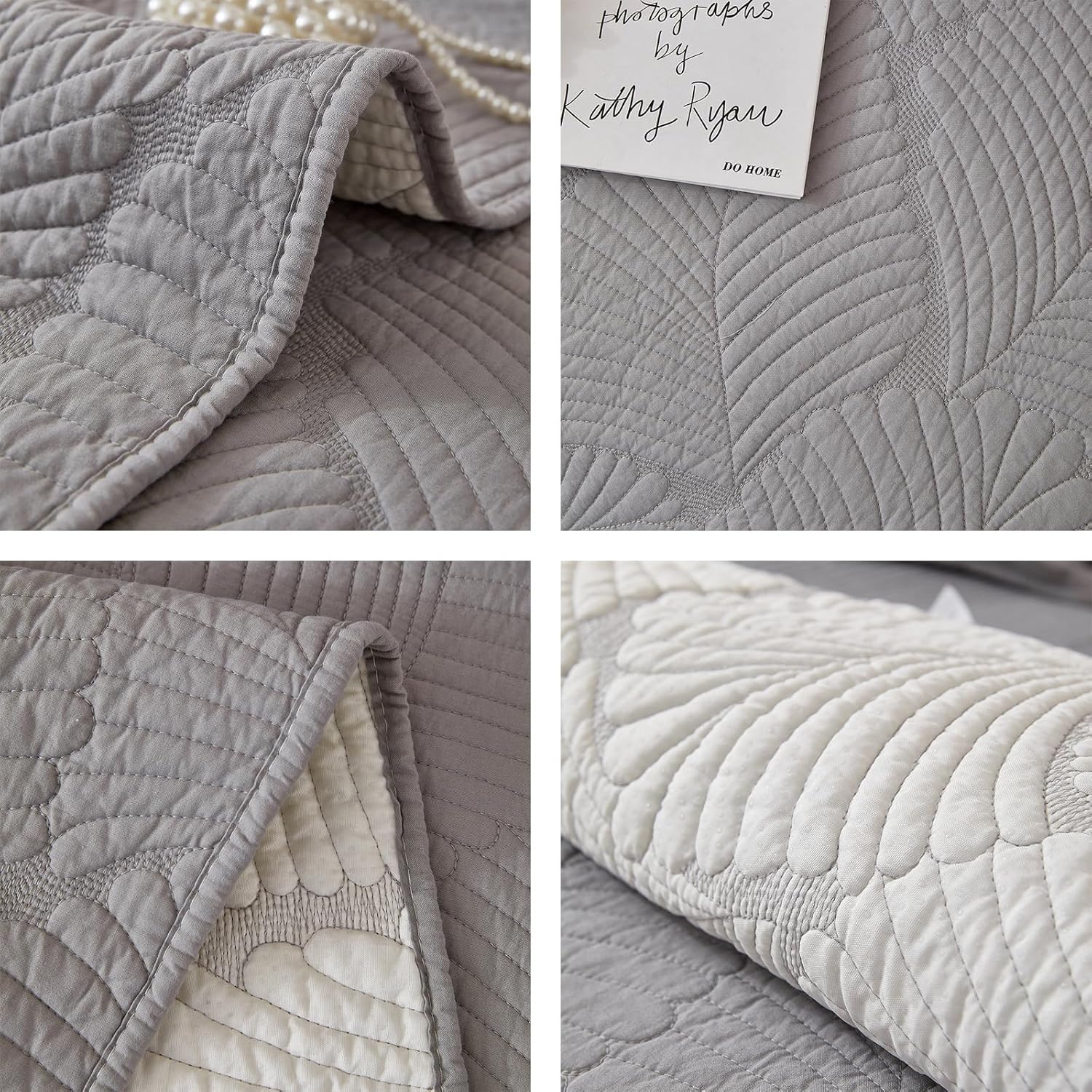 vctops Soft Cotton Quilted Couch Cover Neutral Leaf Embroidery Sofa Cover Anti Slip Sectional Couch Covers Washable Sofa Slipcover for Dogs, Children, Pets Furniture Protector (Light Grey,28"x94")