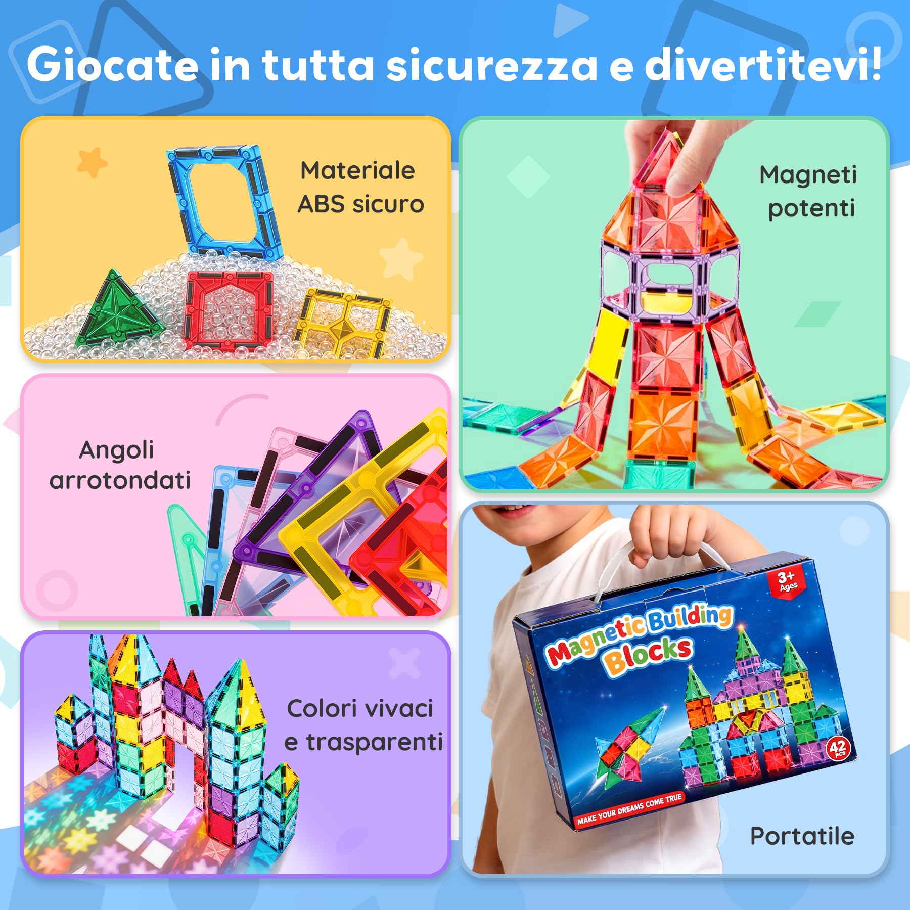WOOBLO Blocchi Magnetici,Giocattolo Magnetico STEM Montessori 3+,Giocattolo Magnetico per Bambini 3-5 Anni, Giocattolo di Apprendimento Sensoriale,Regalo per Bambini e Bambine 42 Pezzi Rimovibile
