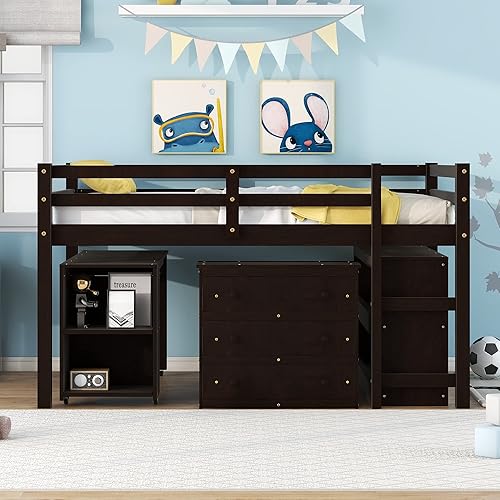 Miniatura 3 de Bellemave Cama alta baja de tamaño matrimonial con escritorio y aparador de madera para niños, marco de cama alta con gabinete y estantes de