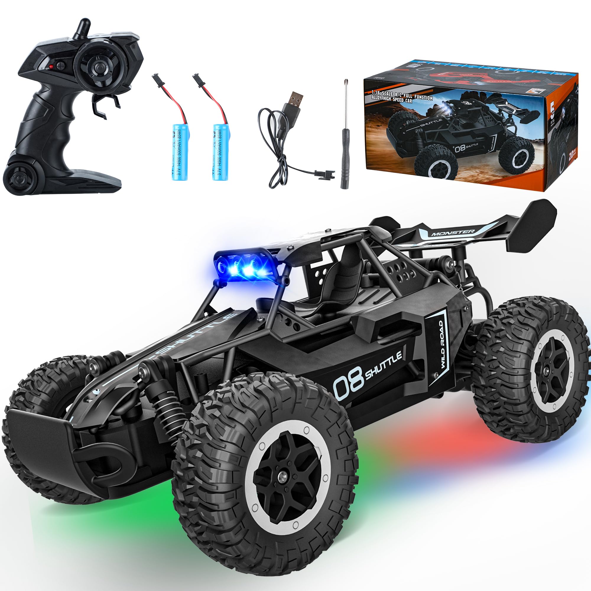 Remote Control Car for Kids 3 4 5 6 7+, 20 KM/H High-Speed RC Cars with LED Lights, 2.4GHz 2WD Monster Truck Toys, Rechargeable RC Car, Toy Cars for Girls Boys, Christmas & Birthday Gifts–Black