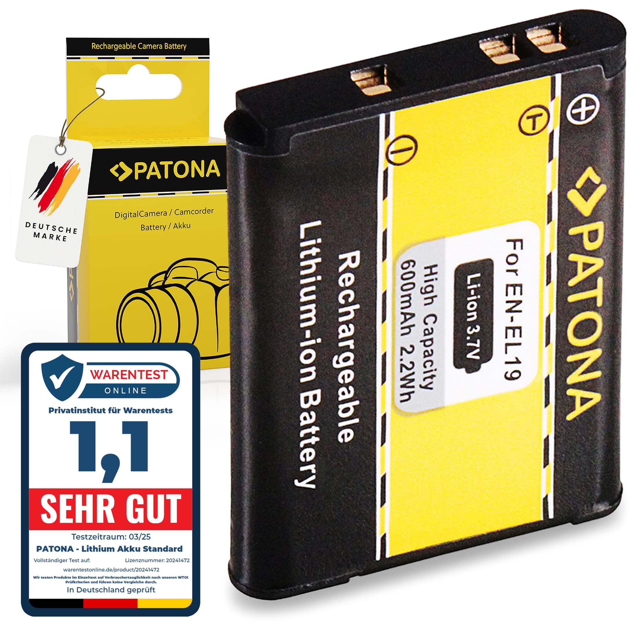 PATONA EN-EL19 Batteria 600mAh – ricambio per Nikon EN-EL19 – per Coolpix S100 S2600–S7000, A100 A300, W100 W150 – nuova energia per la compatta di famiglia