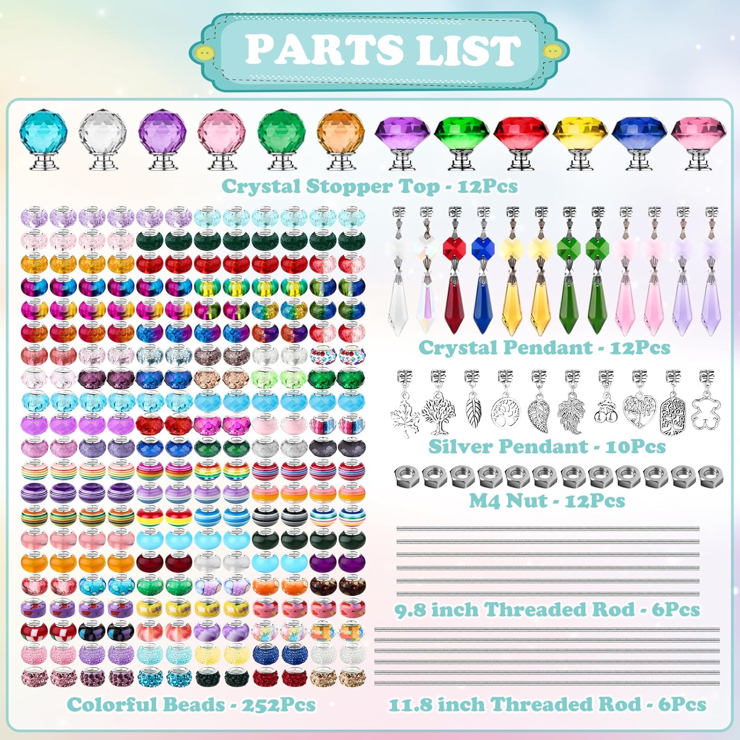 UFU 310Pcs DIY Fairy Wand Beaded Garden Stakes Kit, Fairy Wands Kit with Sparkling Crystal Pendants, Suitable for Different Holidays Garden Stakes Decorative Outdoor Beadable Items(10&12IN) - Image 3