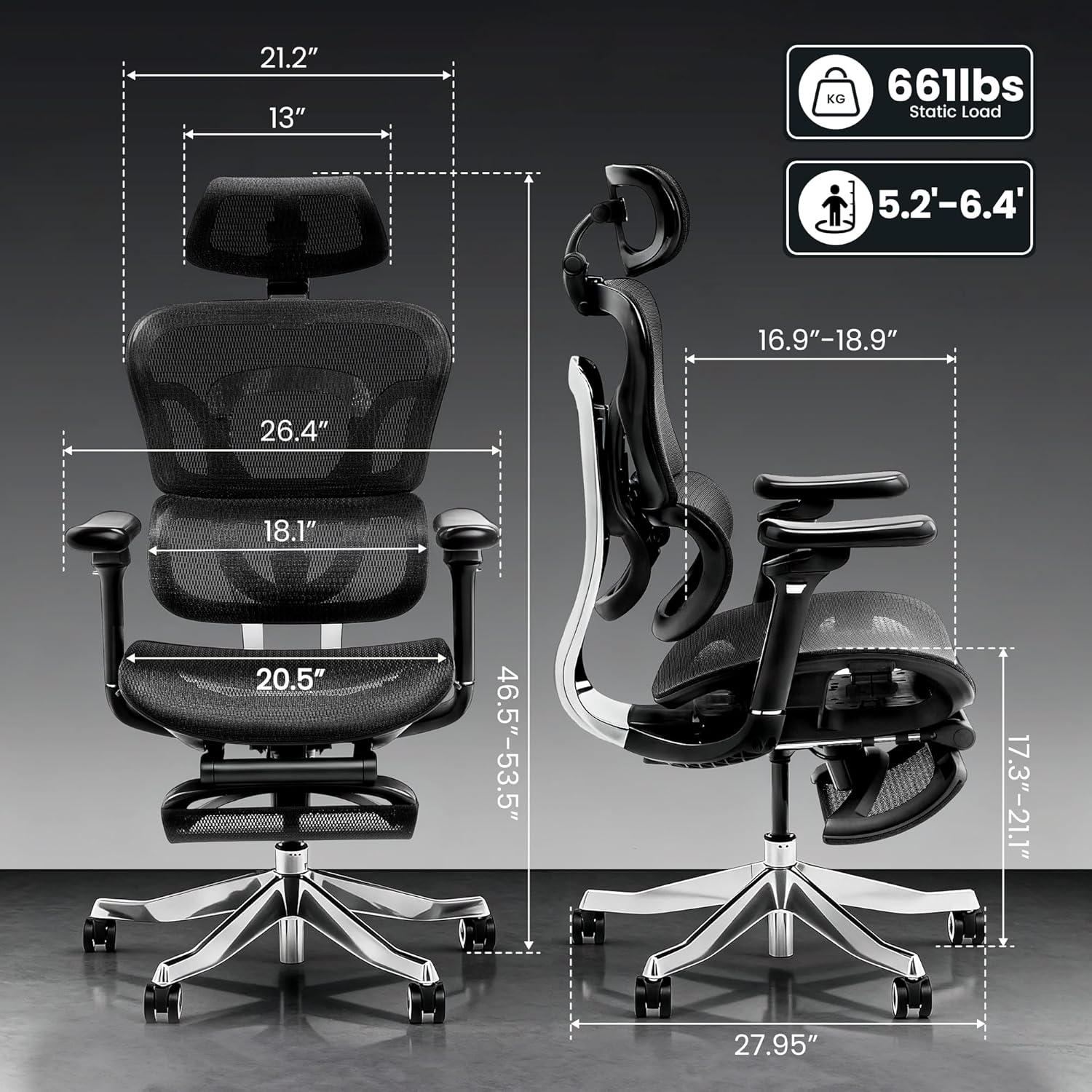 Diagram showing dimensions and weight capacity of FLEXISPOT ErgoX Max Ergonomic Office Chair