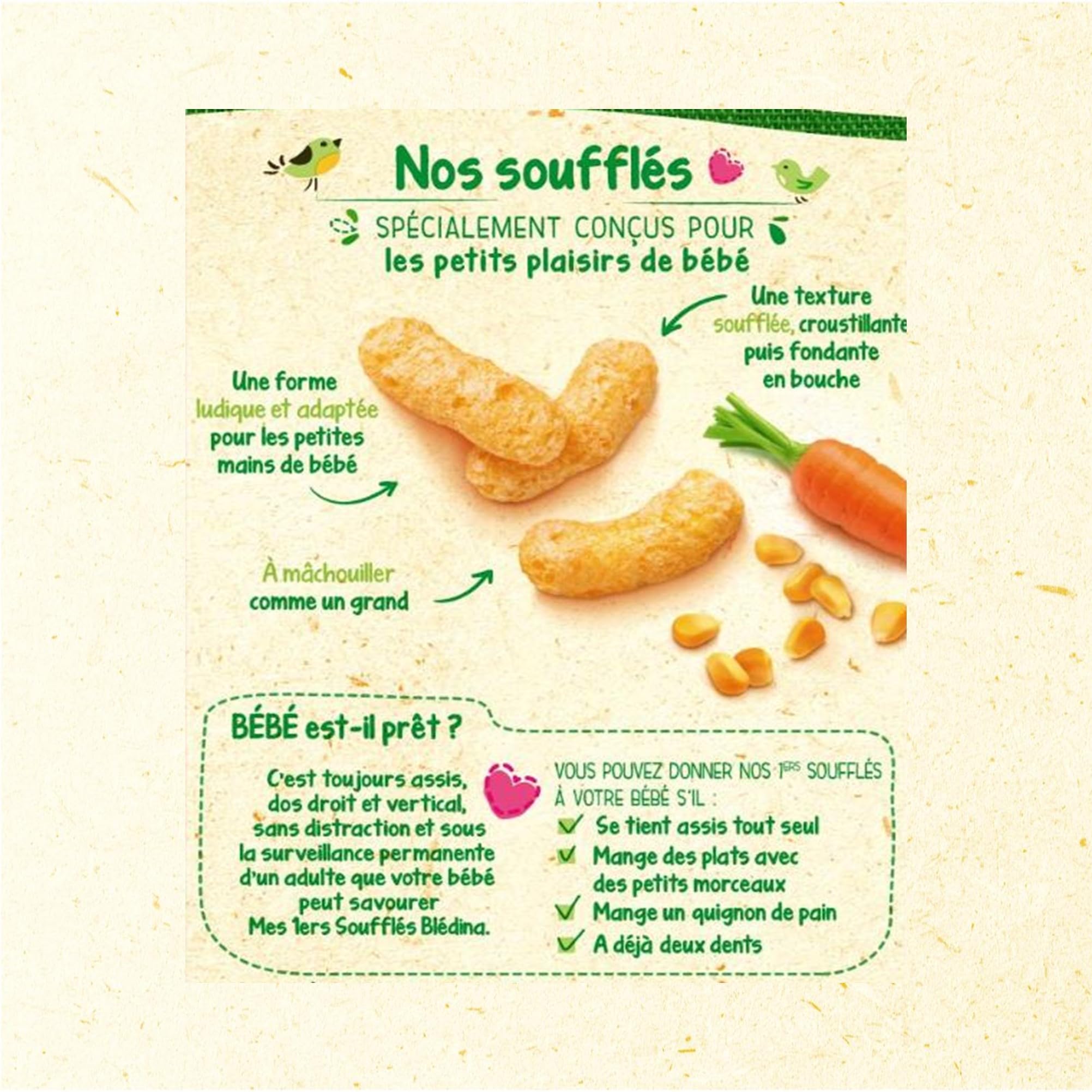 BLÉDINA - Mes 1ers Soufflés - Maïs et Carotte - Sans Gluten et sans Sel Ajouté - dès 10 Mois - 8 x 20 g