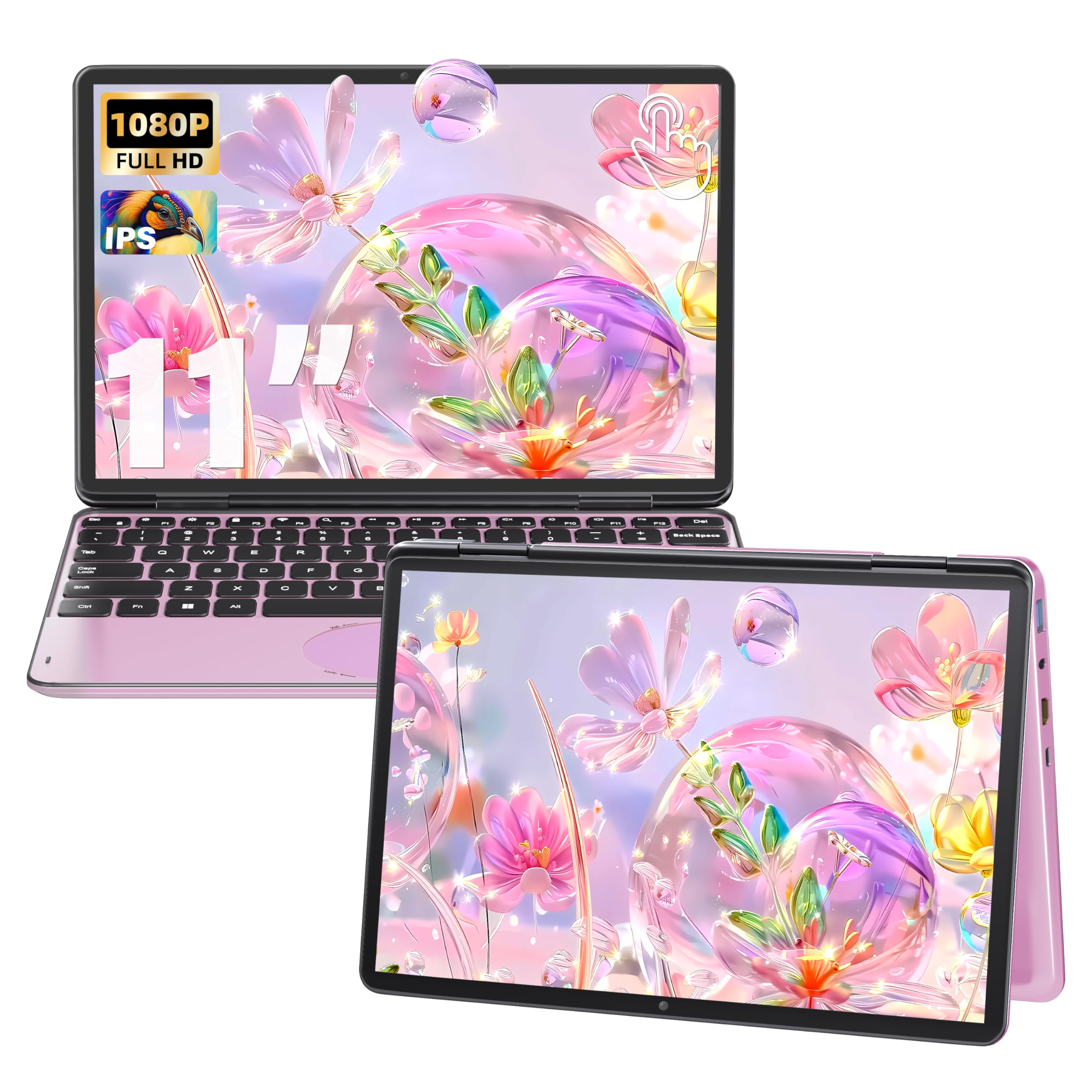 2026 11 Zoll 2in1 Laptop mit 360° Touchscreen, N100 Quad-Core CPU [beat N95 / N5095], 16GB DDR4 RAM, 1TB SSD, FHD IPS Display, Backlit Tastatur, leicht & mobil Notebook PC, Roségold