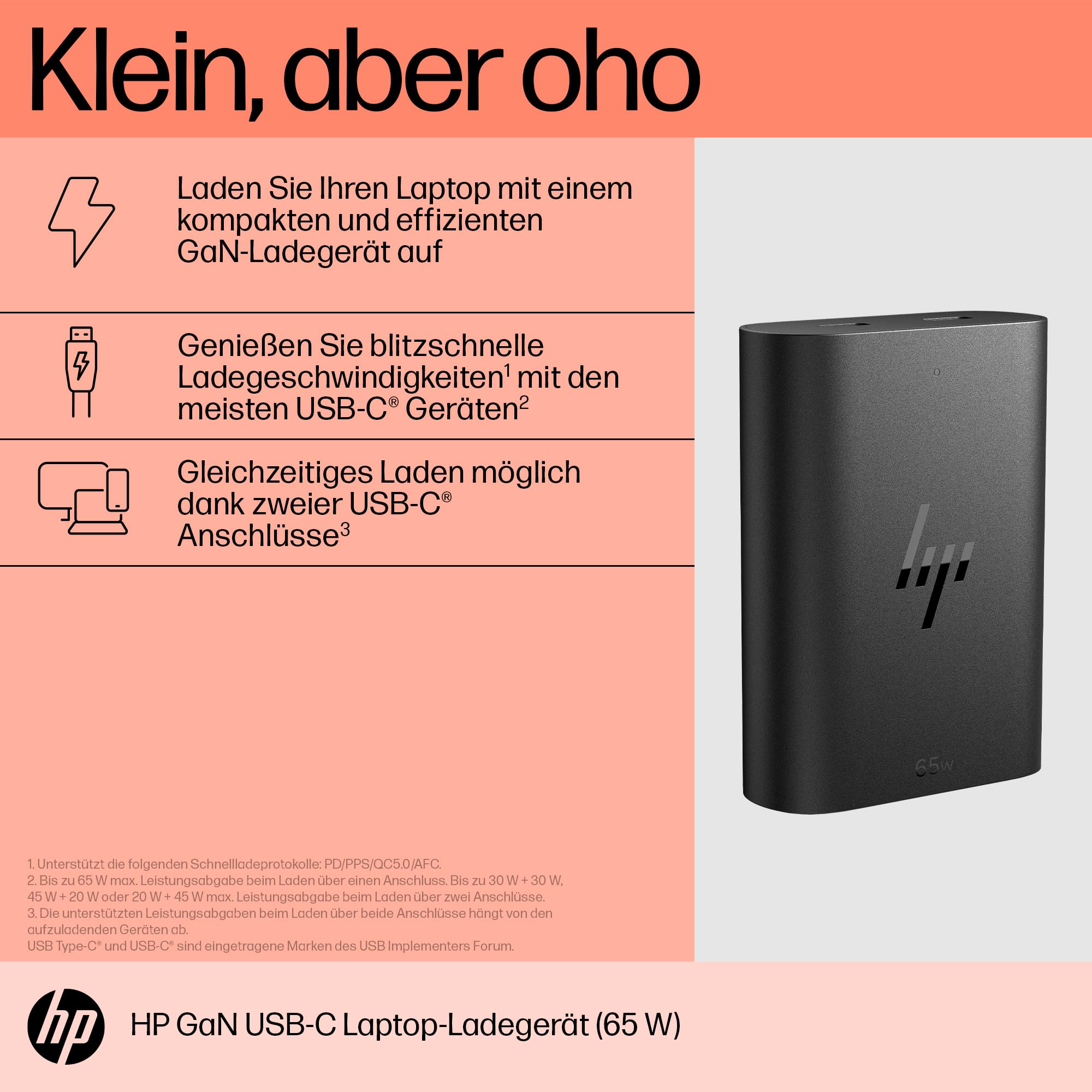 HP 65W GaN USB‑C Laptop Ladegerät – Kompakt, Schnellladefunktion, 2 USB‑C Ports, universelle Kompatibilität, 30 % recycelter Kunststoff, 75×53×22 mm, 85 g, Schwarz