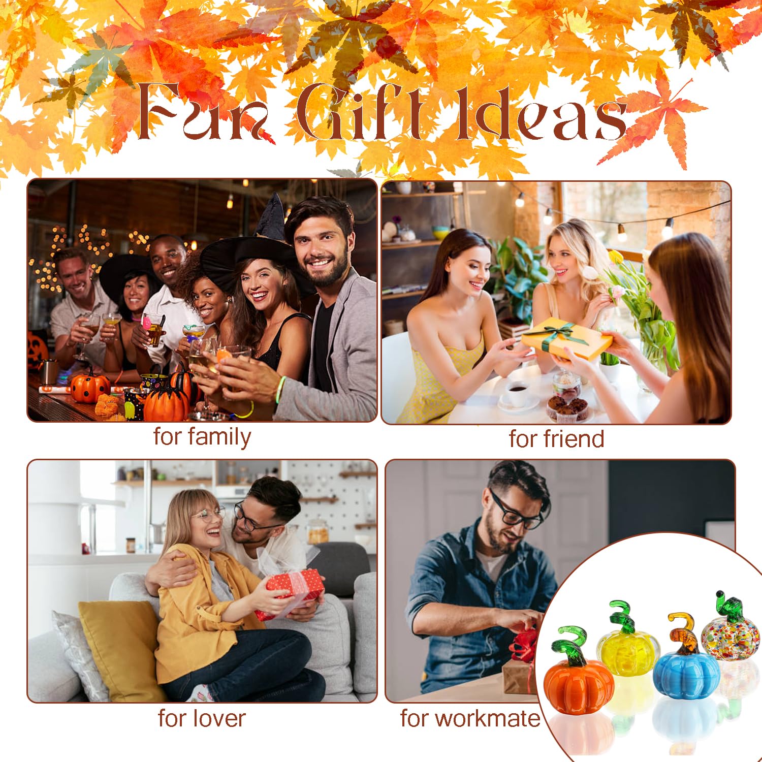 4 Stück Kürbisfiguren aus mundgeblasenem Glas, Mini Halloween Kristall Kürbis Kunstornamente für Familien Thanksgiving