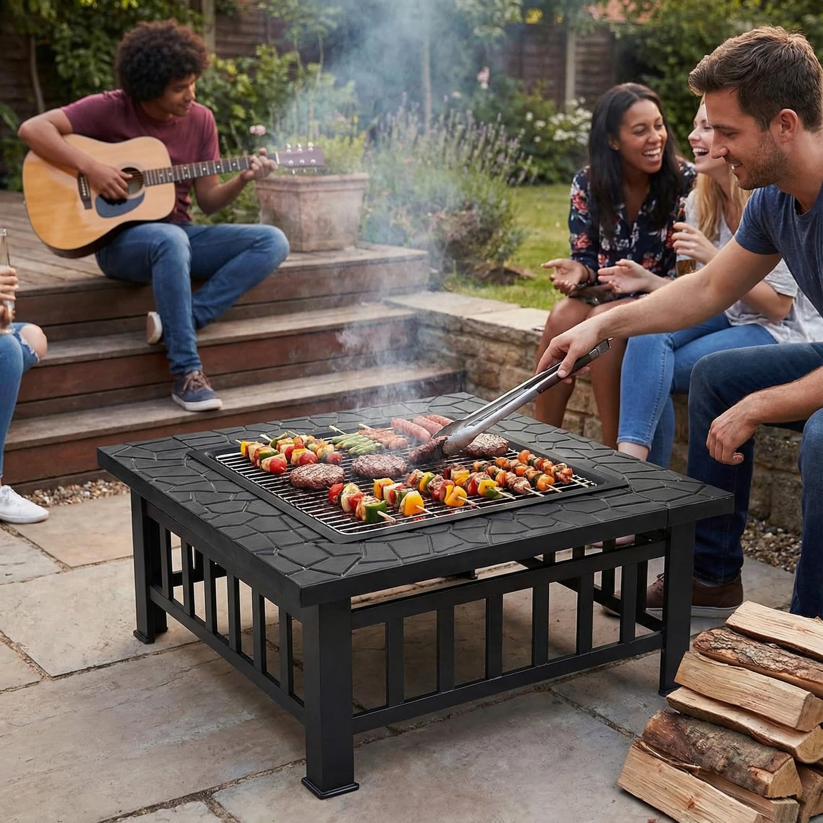 TLSUNNY Feuerschale mit Funkenschutz 81 cm, 3 in 1 Feuerkorb mit Grillrost, Quadratisch für Garten, Feuerstelle mit Grillfunktion