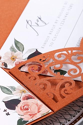 Vista 72 de ponatia 5.12 x 7.2 Invitaciones de boda de corte láser con purpurina negra, bolsillos de invitación triples cortados con láser con sobres