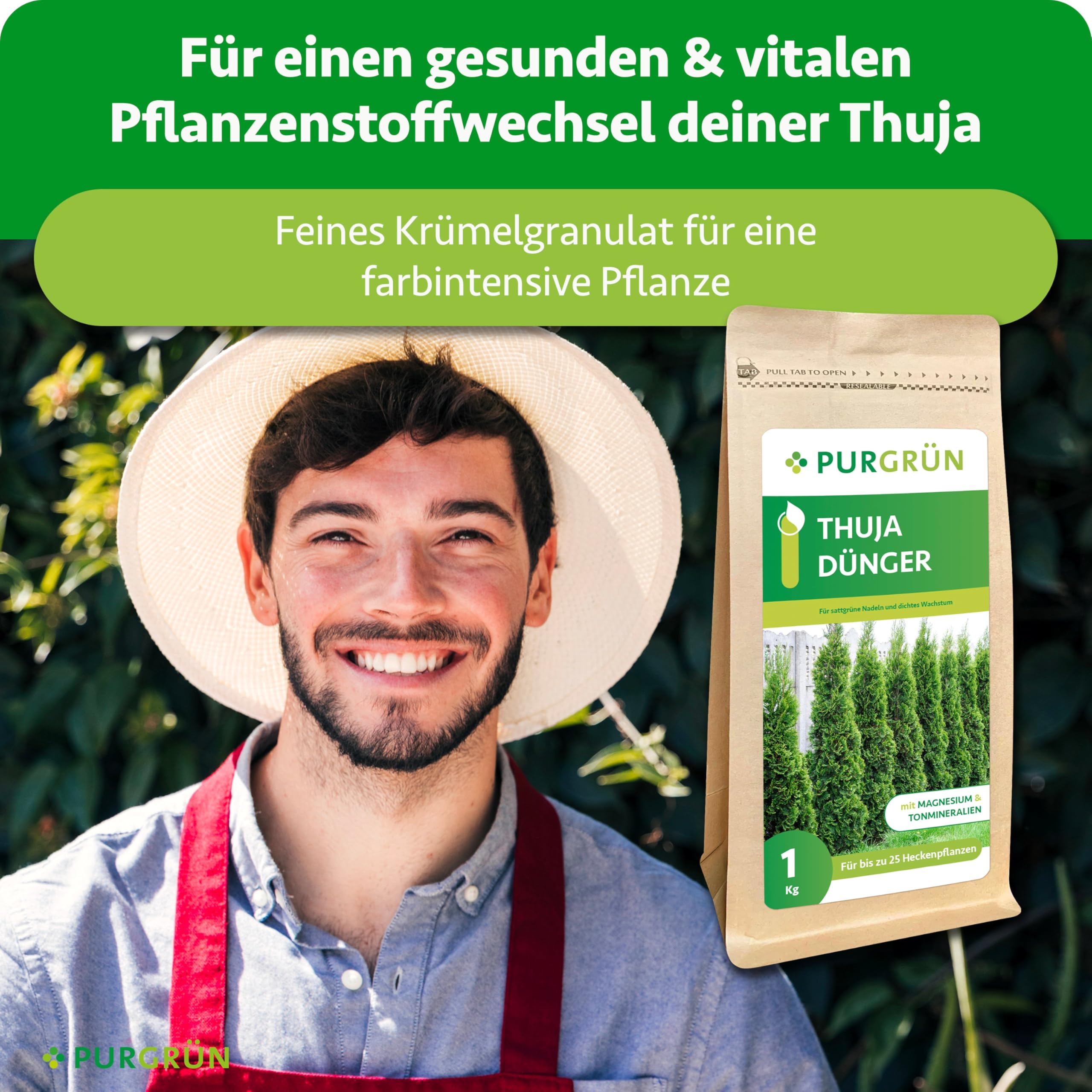 Thuja-Dünger 1 kg – Extra Magnesium schützt vor Nadelverfärbungen – Fördert schnelles Wachstum für eine dichte Hecke – Tonmineralien für einen gesunden Boden – Granulat für ca. 25 Pflanzen