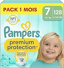 Pampers Premium Protection, Taille 7, 128 Couches, 15kg+, Double Protection pour la peau et contre les fuites Avec Poche Stop & Protect pour aider à capturer les Fuites, Pack 1 Mois