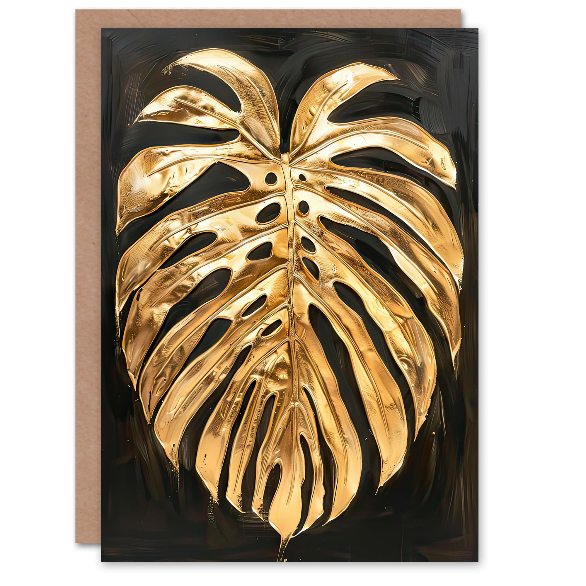 Artery8 Greeting Card Plant Lover Golden Monstera Leaf Dark Painting Blank For Him Or Her Art Birthday Card