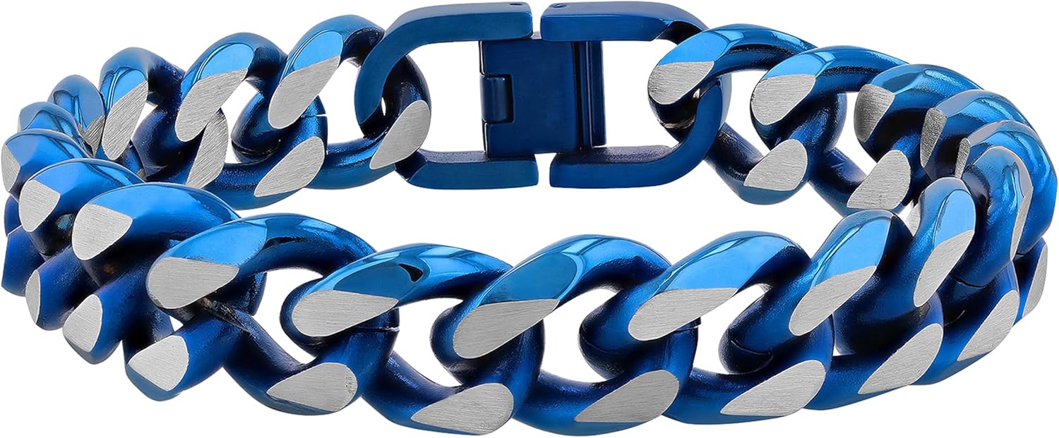 Men's 9 inch Stainless Steel Beveled Curb Bracelet with Blue Finish - Sleek & Modern Design