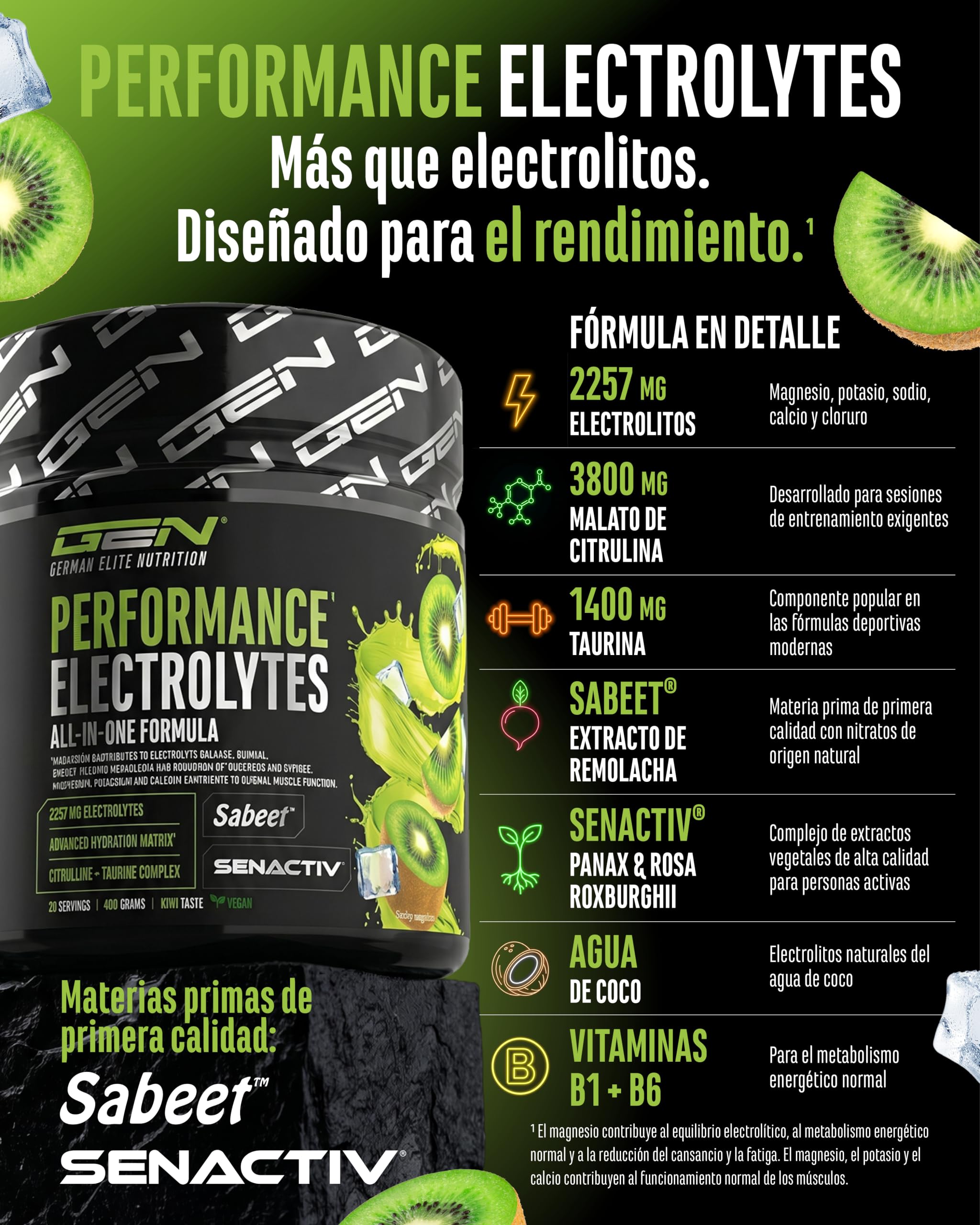 Performance Electrolytes - 400 g (20 Porciones) - Advanced Hydration Matrix con Sodio, Potasio, Magnesio, Calcio y Cloruro - con Citrulina y Taurina - Sin Azúcar - Vegano - Sabor Kiwi