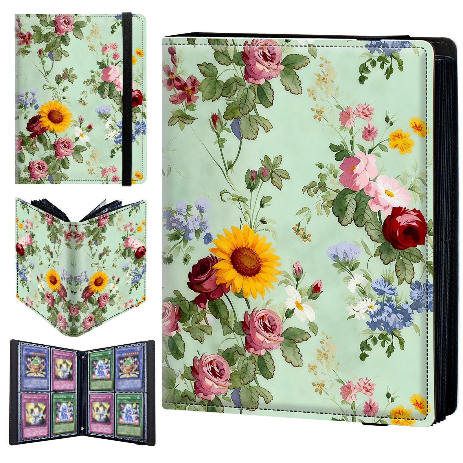 4 Pocket Trading Card Binder 240 Side Loading Pocket Album with Roses and Sunflowers Pattern Design Card Binder for Sports Cards & Game Cards