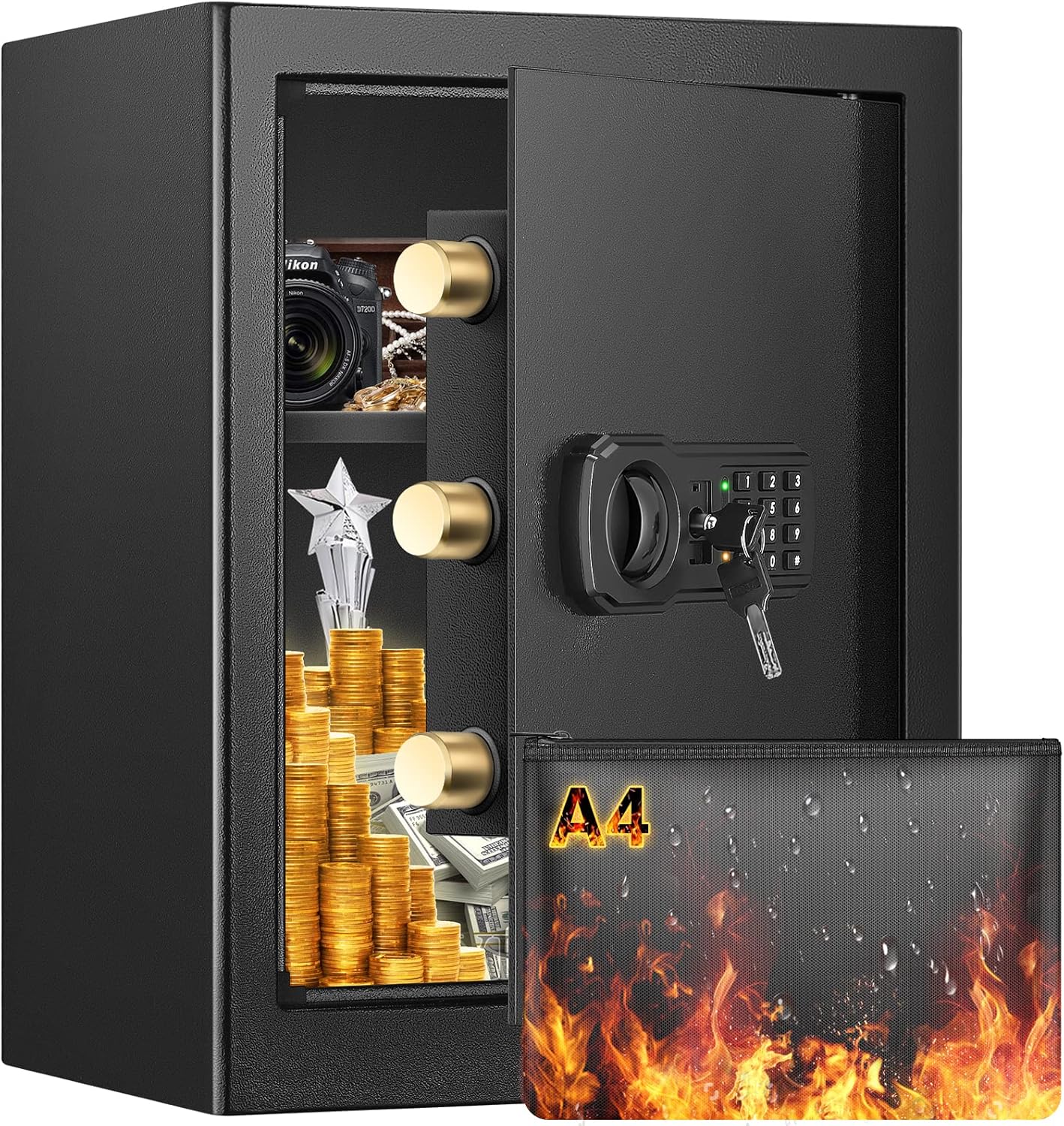 GHJGAGE 2.3 Cub Safe Box Fireproof Waterproof with Fireproof Document Bag, Anti-Theft Large Cash Safe for Home with Removable Shelf, Personal Security Home Safe for Money Firearm Medicine A4 Document 2.3 cubic