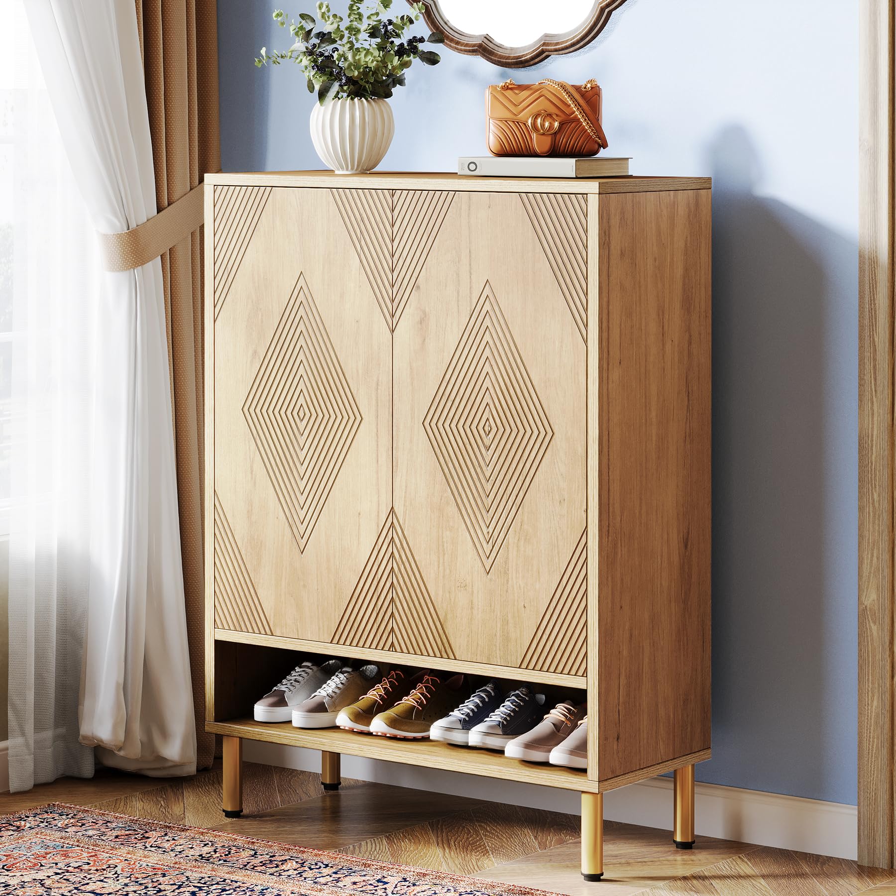 Tribesigns Shoe Cabinet with 2 Doors, 6 Tiers Shoe Storage Cabinet for Entryway, 25 Pairs Wooden Cabinets, Modern Organizer Storage for Living Room, Bedroom, Hallway, Closet, light Oak Brown