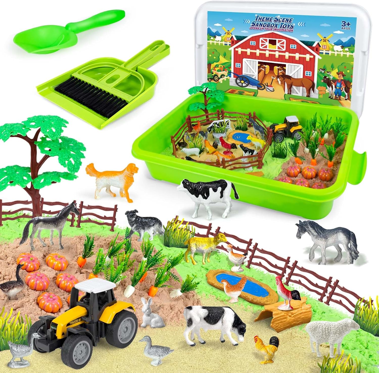 Sensory Bin,Sensory Toys Play Sand Art Kit with Sandbox & Farm Animals & Tractor Playset,Farm Animals Toys for Toddlers,Indoor Outdoor Beach Toys for Boys and Girls Christmas Birthday Gift