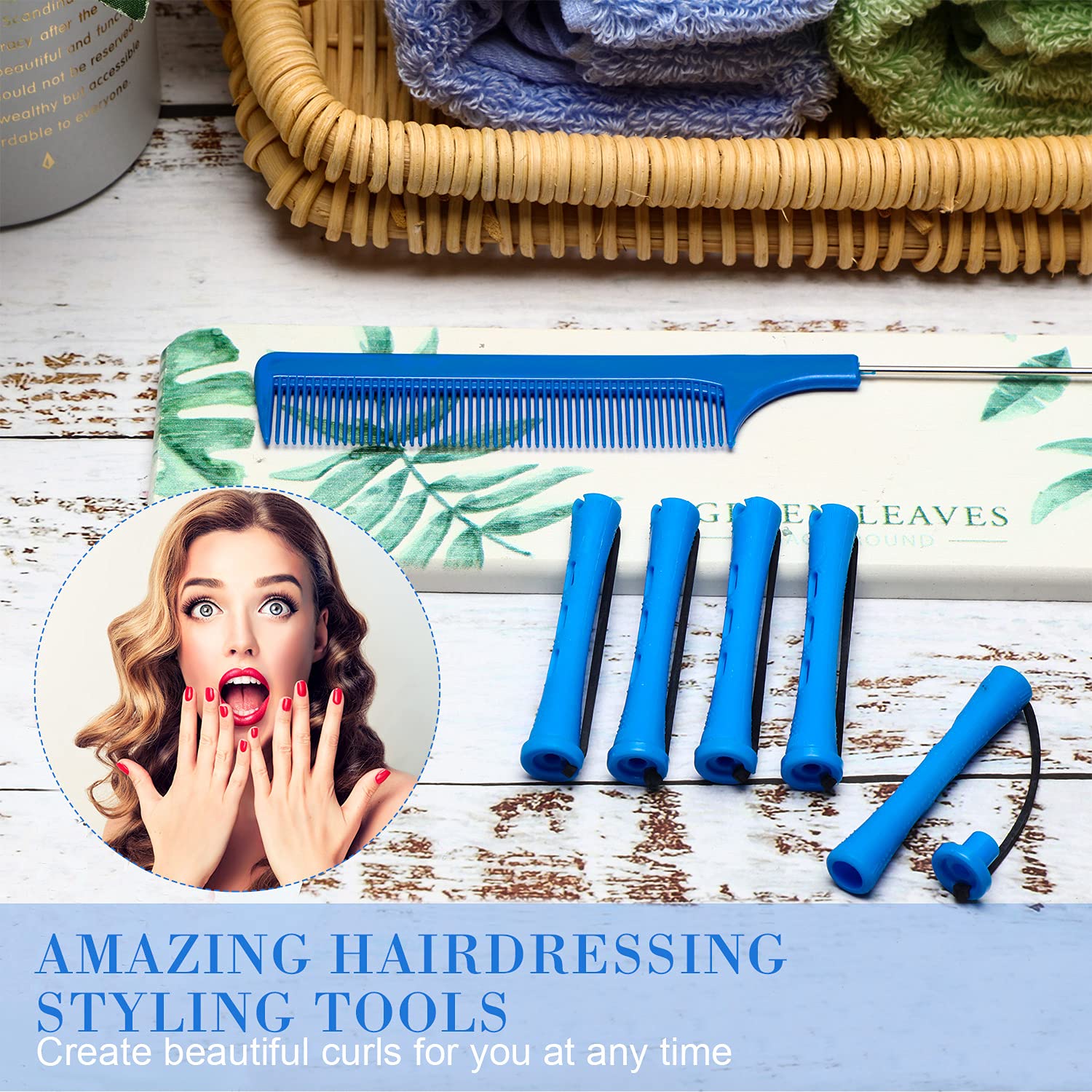 60 Pieces Short Hair Perm Rods Cold Wave Rods Plastic Perming Rods Hair Curling Rollers Curlers with Steel Pintail Comb Rat Tail Comb for Hairdressing Styling Supplies (0.35 Inch, Blue)