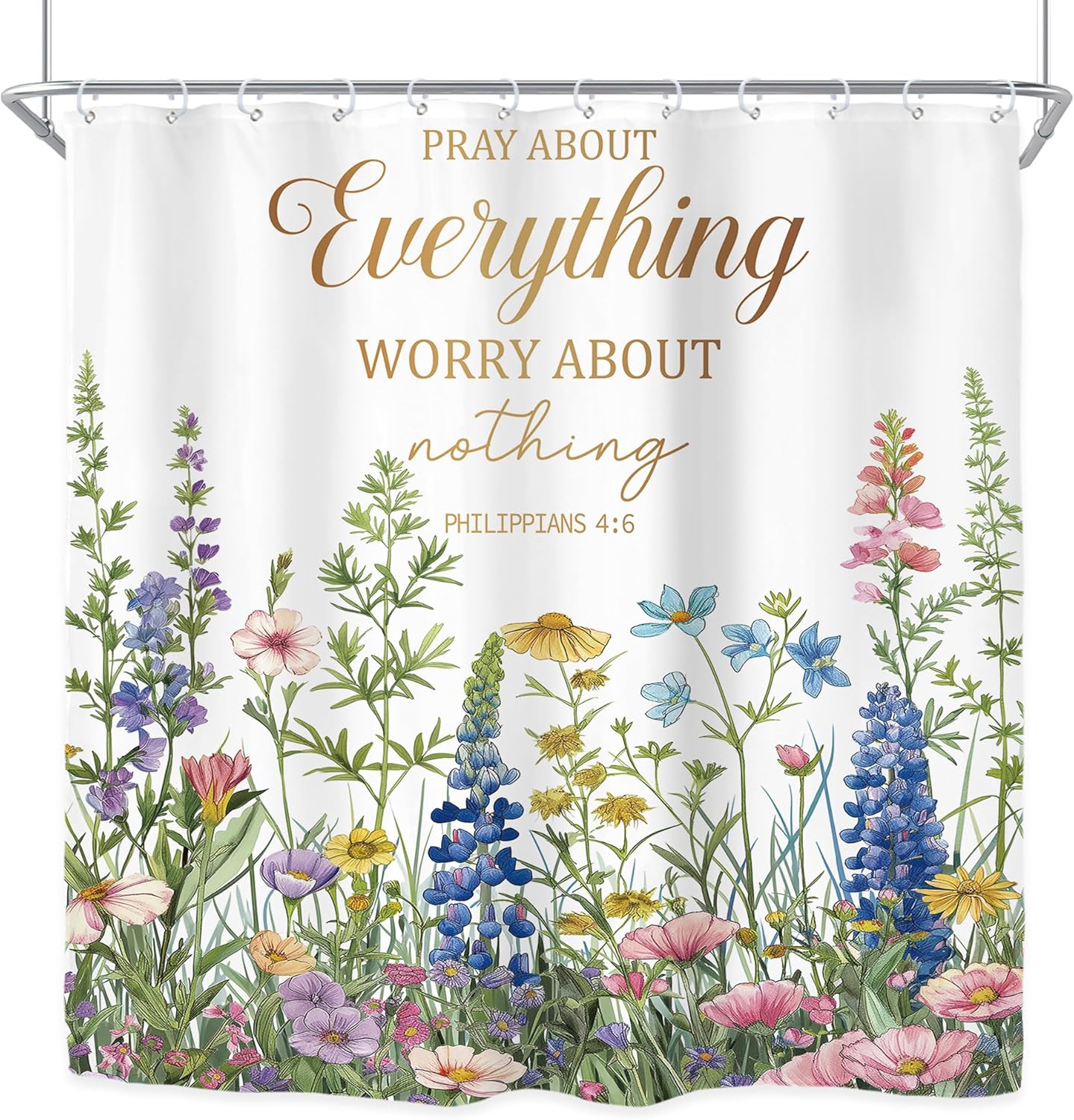 Riyidecor Bible Verse Floral Wildflower Shower Curtain for Bathroom Decor 72Wx72H Scripture Christian Positive Quotes Flower Botanical Art Printed Fabric Polyester Waterproof 12 Pack Plastic Hooks