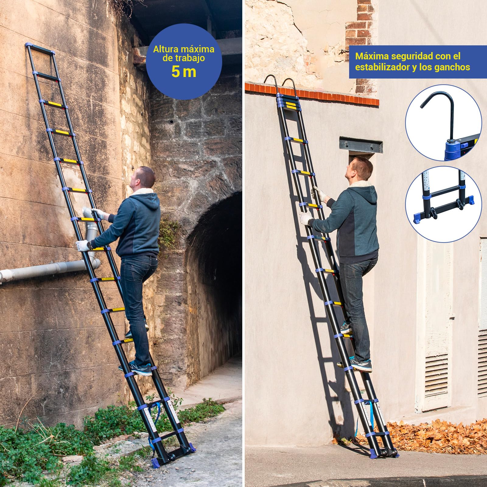 HOSTRÖM Escalera telescópica de Aluminio 4,1 m TELESCOVA13+, Escalera Plegable y Extensible, multifunción, Altura de Trabajo máx. 5 m, Ganchos Desmontables, garantía de 5 años