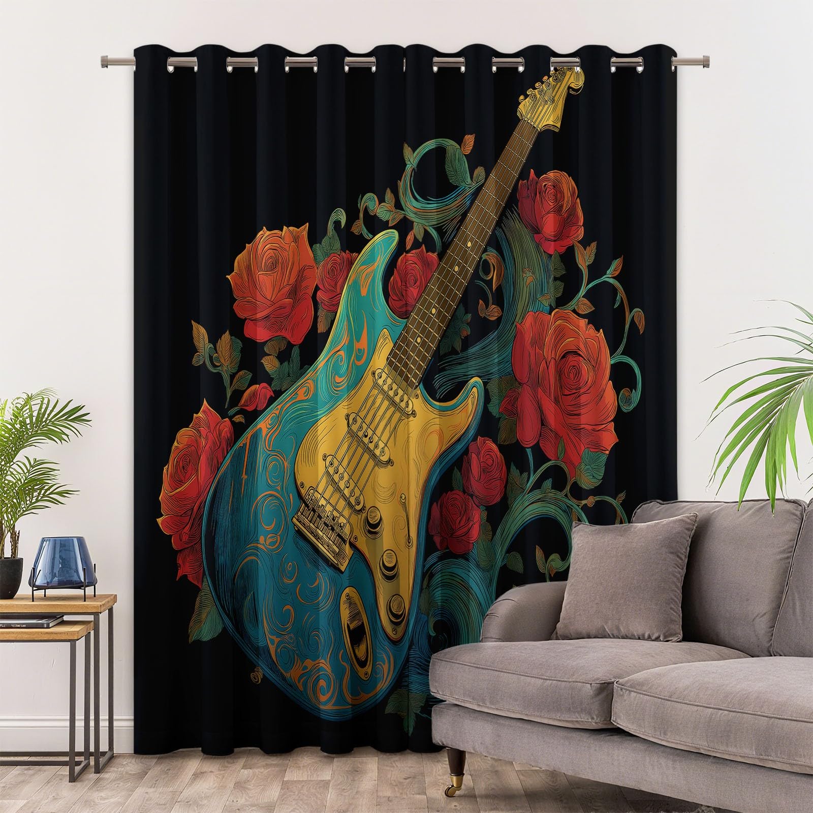 Surrealistyczne gotyckie kwiatowe zasłony zaciemniające z motywem gitary, do pokoju dziecięcego, szer. 336 x dł. 183 cm, czarne, izolacja termiczna, przelotki, zasłony zaciemniające do
