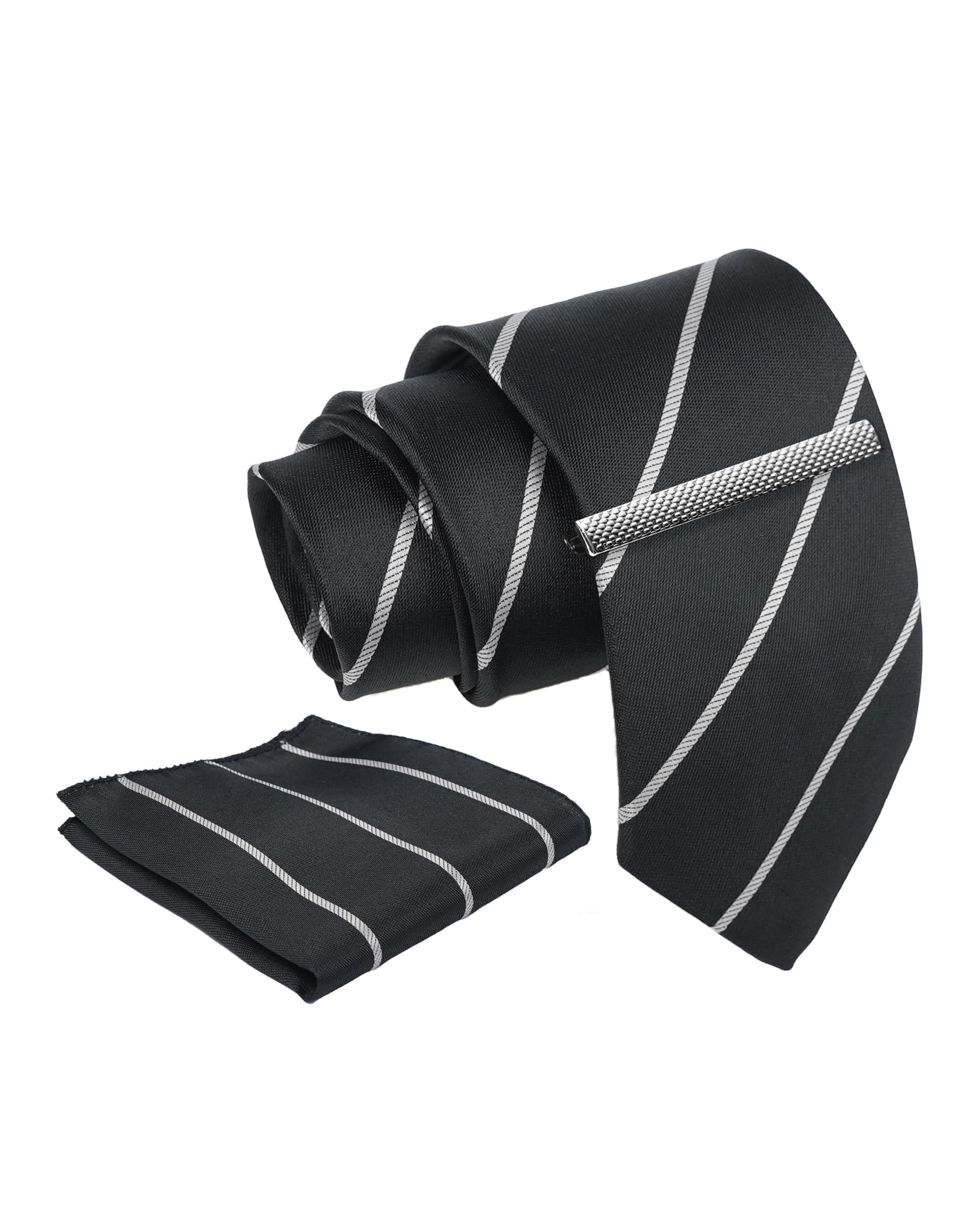 axlon Tie for Men – Striped Silk Neck Ties Set with Cufflinks Flower Pin, Pocket Square & Black Gift Box, Combo Necktie Sets for Office Wear, Formal Suits & Weddings (Classic Black, NXSMX_203)-picture-25