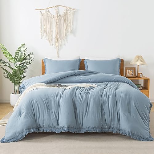 Miniatura 7 de Andency - Juego de edredón grisáceo azulado tamaño Queen de 3 piezas, juego de edredón de aseo ligero con borlas estilo Boho, juego de cama suave y