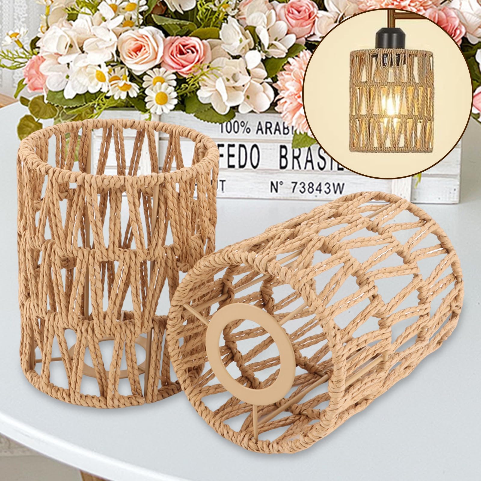 AKOLAFE 6 Stück Lampenschirm Hängelampe Boho 12x12x15cm Lampenschirm Rattan Papierlampenschirm Ersatzschirm Zubehör für Stehlampe, Tischlampe, Pendelleuchten, Hängelampenschirme