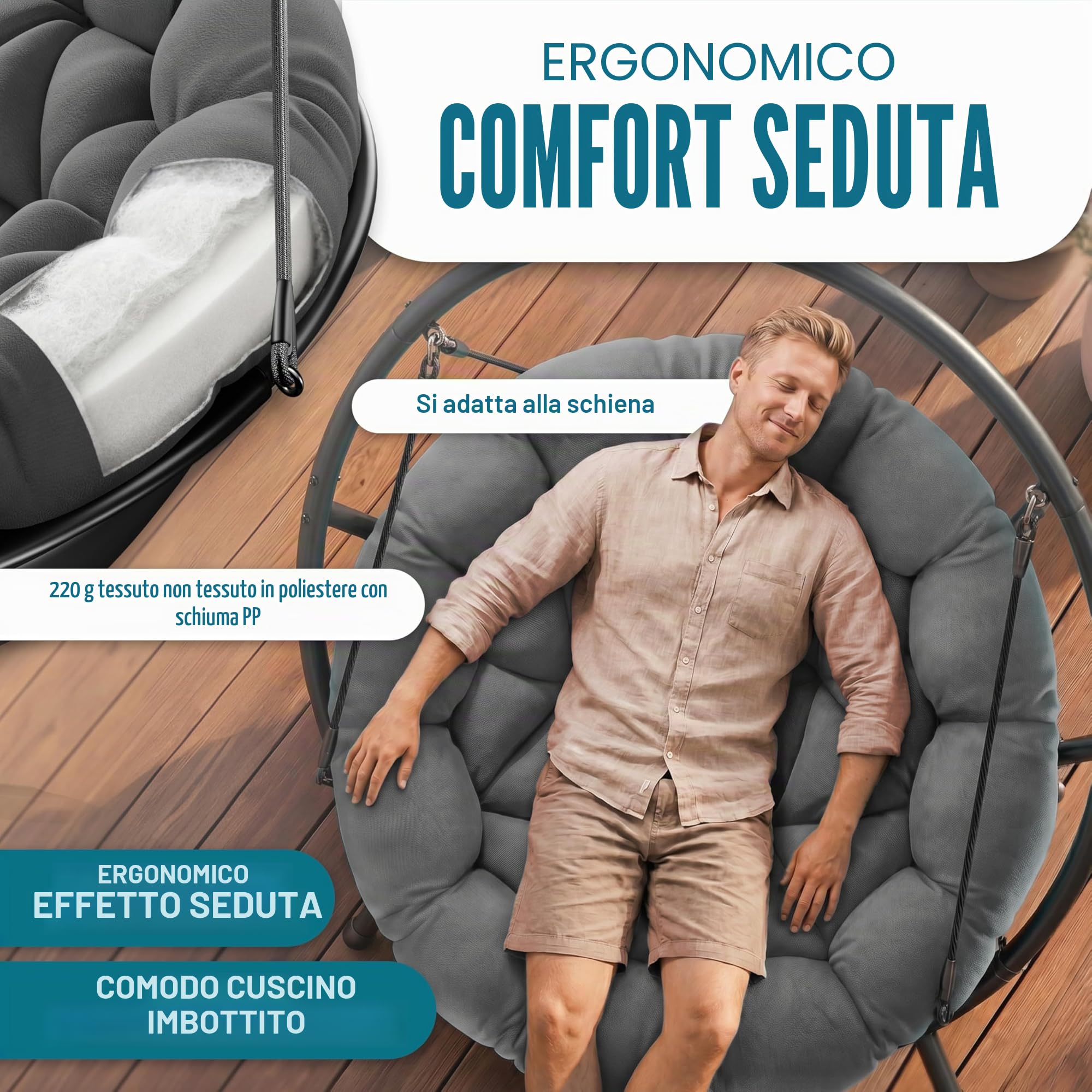 KESSER Poltrona sospesa con struttura Bali, altalena sospesa fino a 150 kg, per interni ed esterni, cuscino e tasca laterale, cesto sospeso, struttura in acciaio e imbottitura in schiuma