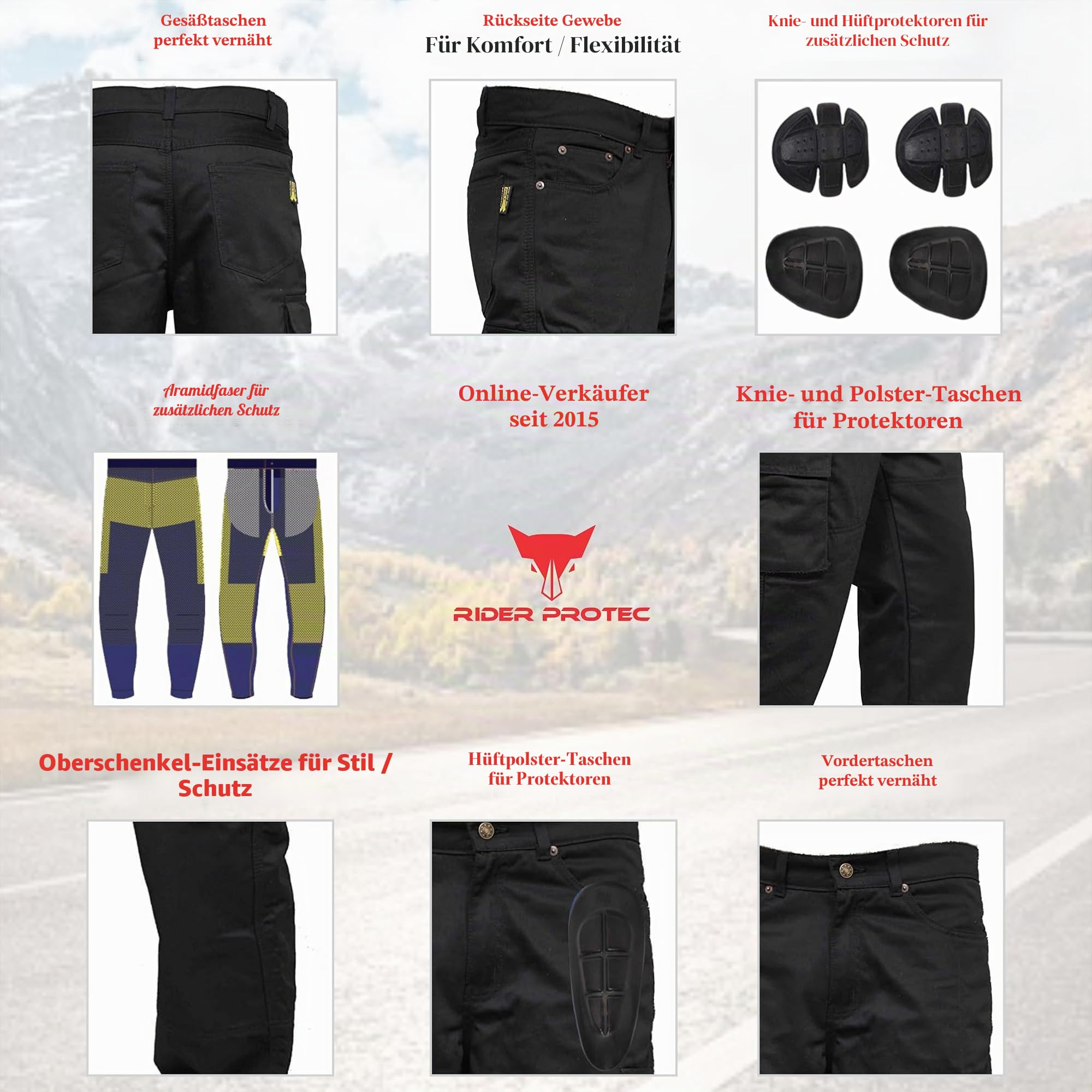 Herren-Motorradjeans mit Aramid-Schutzfutter, Motorrad-Cargohose mit herausnehmbaren Protektoren, Bikerhose für Herren