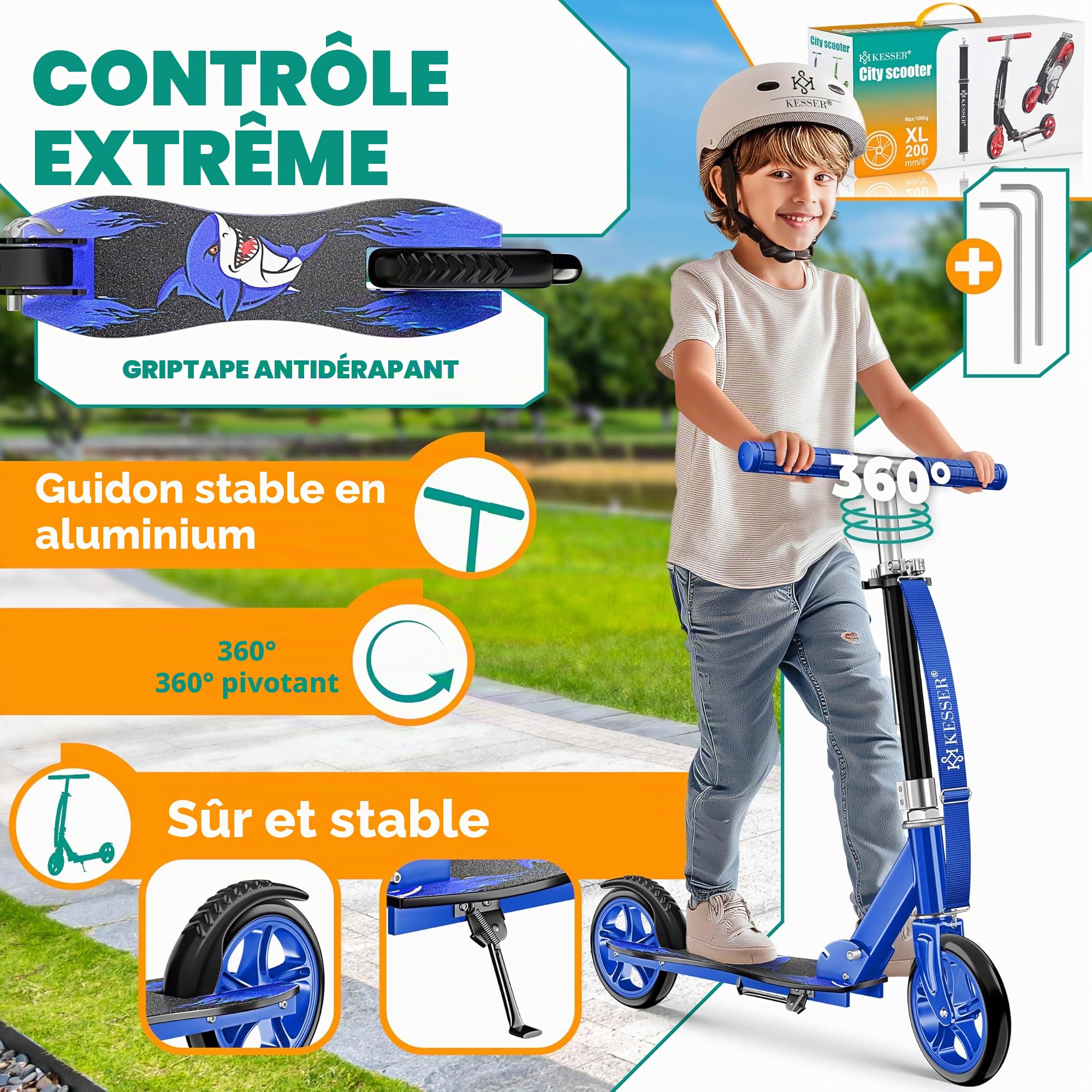 KESSER® Scooter pour Enfants de Ville Trottinette Pliable réglable en Hauteur, Kickscooter jusqu'à 100kg, Frein de Roue Arrière, Jusqu'à 190cm de Hauteur, Sangle de Transport Incluse